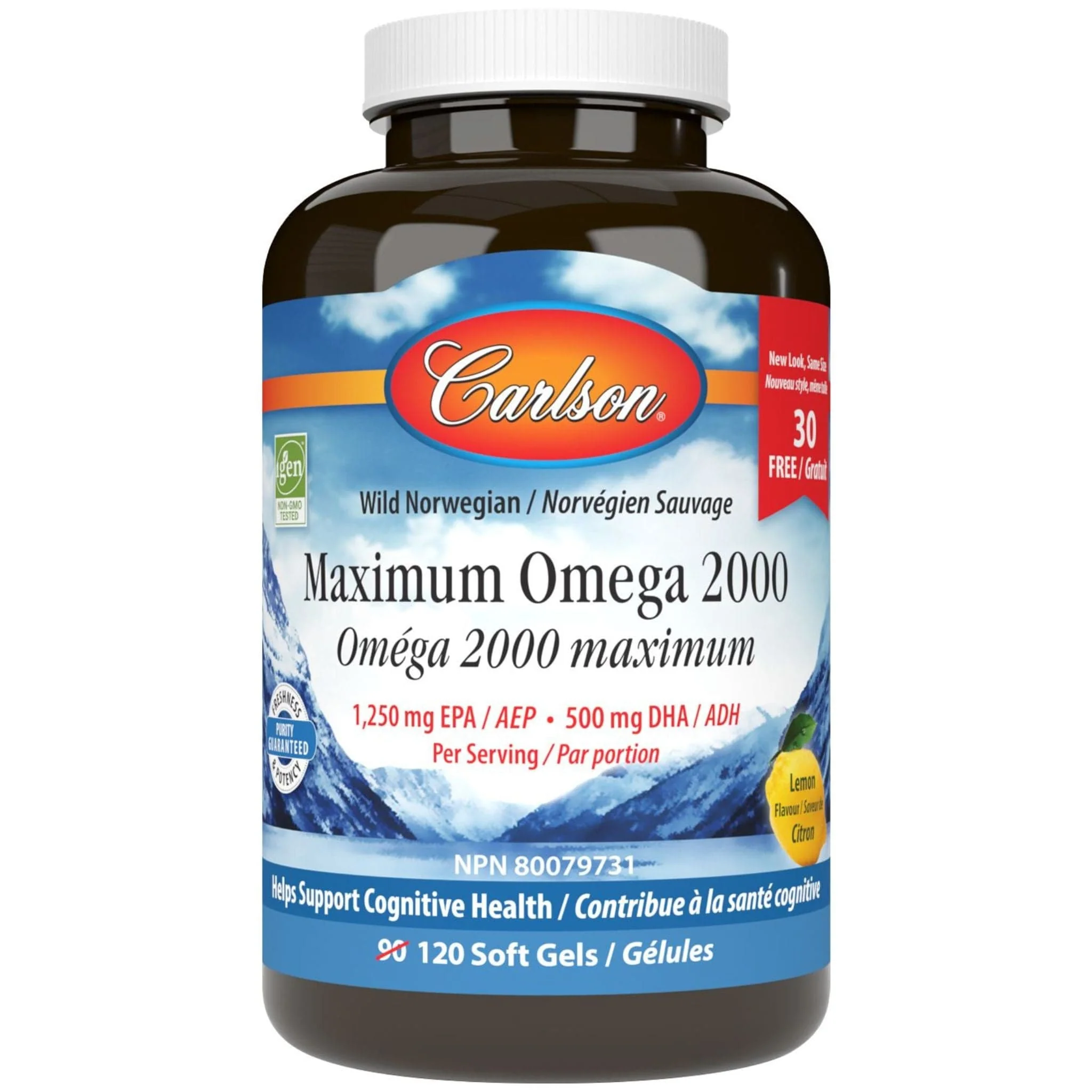 Carlson Maximum Omega 2000mg Omega 3 Fish Oil (rTG), 120 Softgels