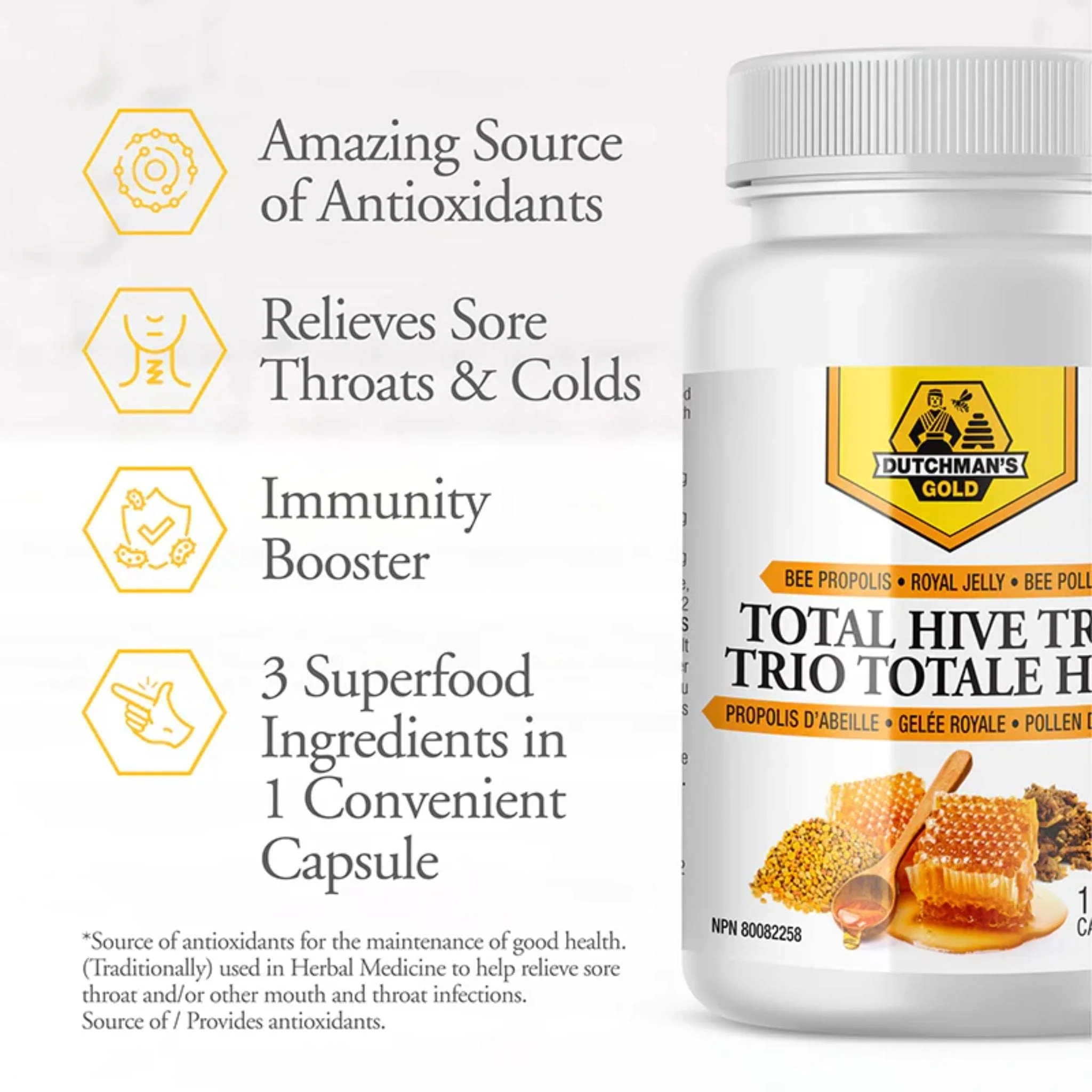 Dutchman's Gold Total Hive Trio, Royal Jelly, Propolis and Bee Pollen, 120 Vegetable Capsules - Image 2