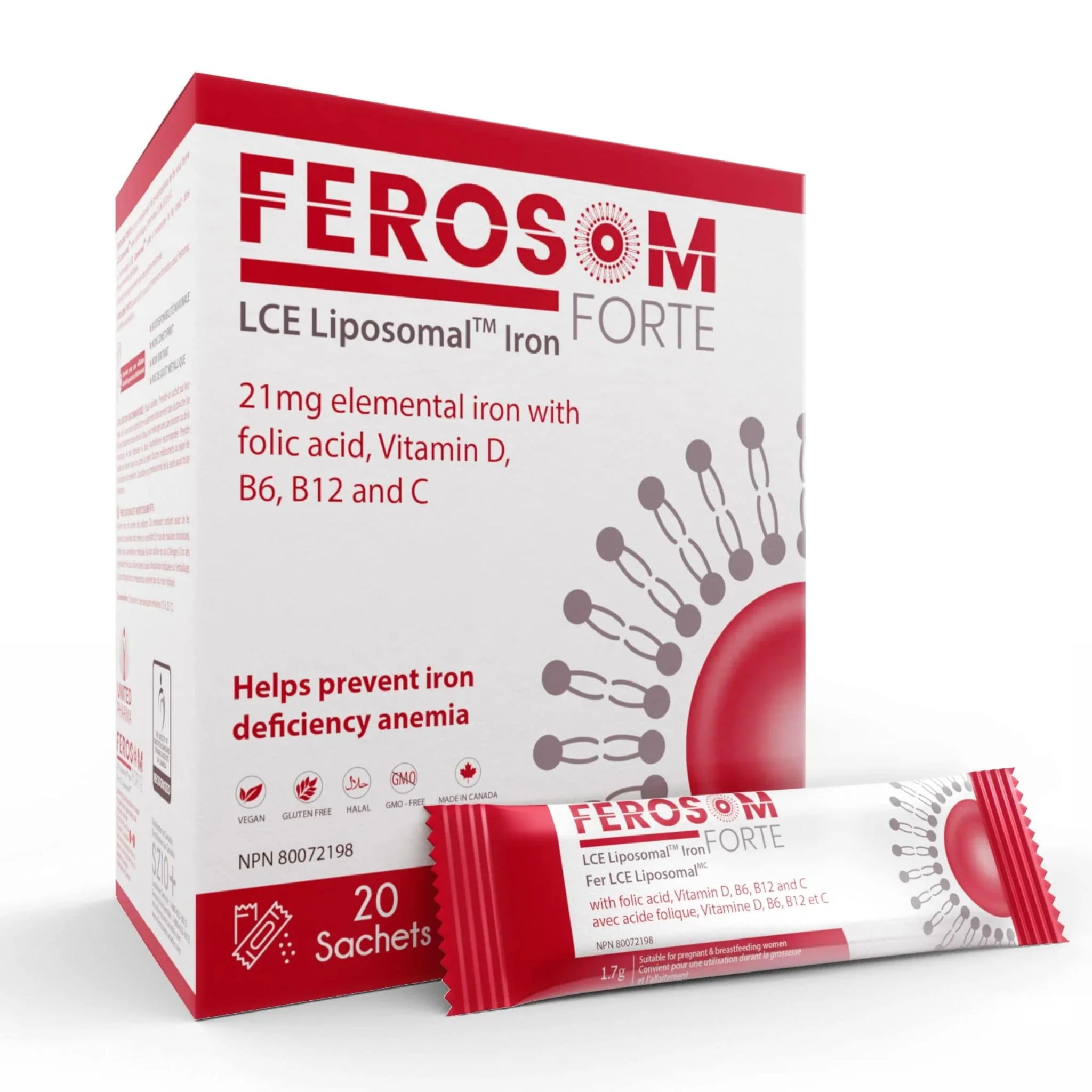 Ferosom Forte LCE Liposomal Iron Powder Supplement, 21mg Iron Plus Vitamin C, 1.7g x 20 Sachets