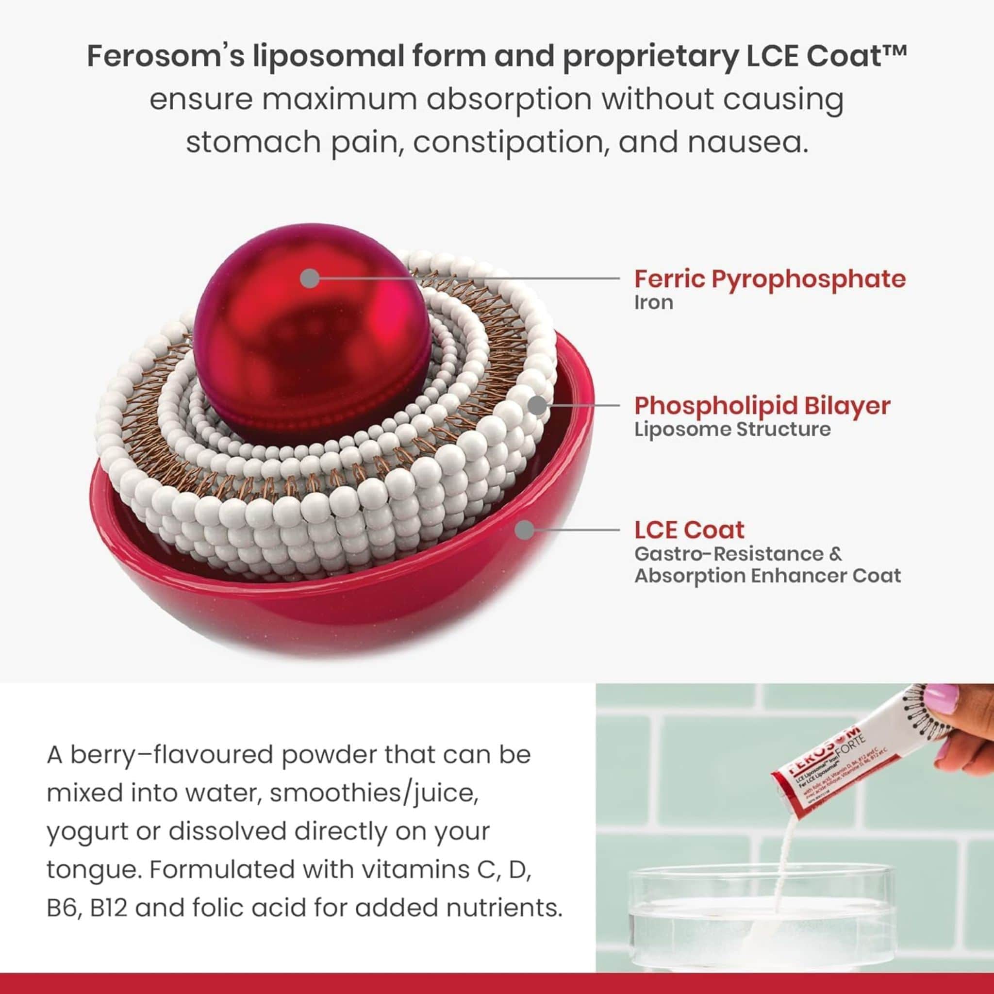 Ferosom Forte LCE Liposomal Iron Powder Supplement, 21mg Iron Plus Vitamin C, 1.7g x 20 Sachets - Image 3