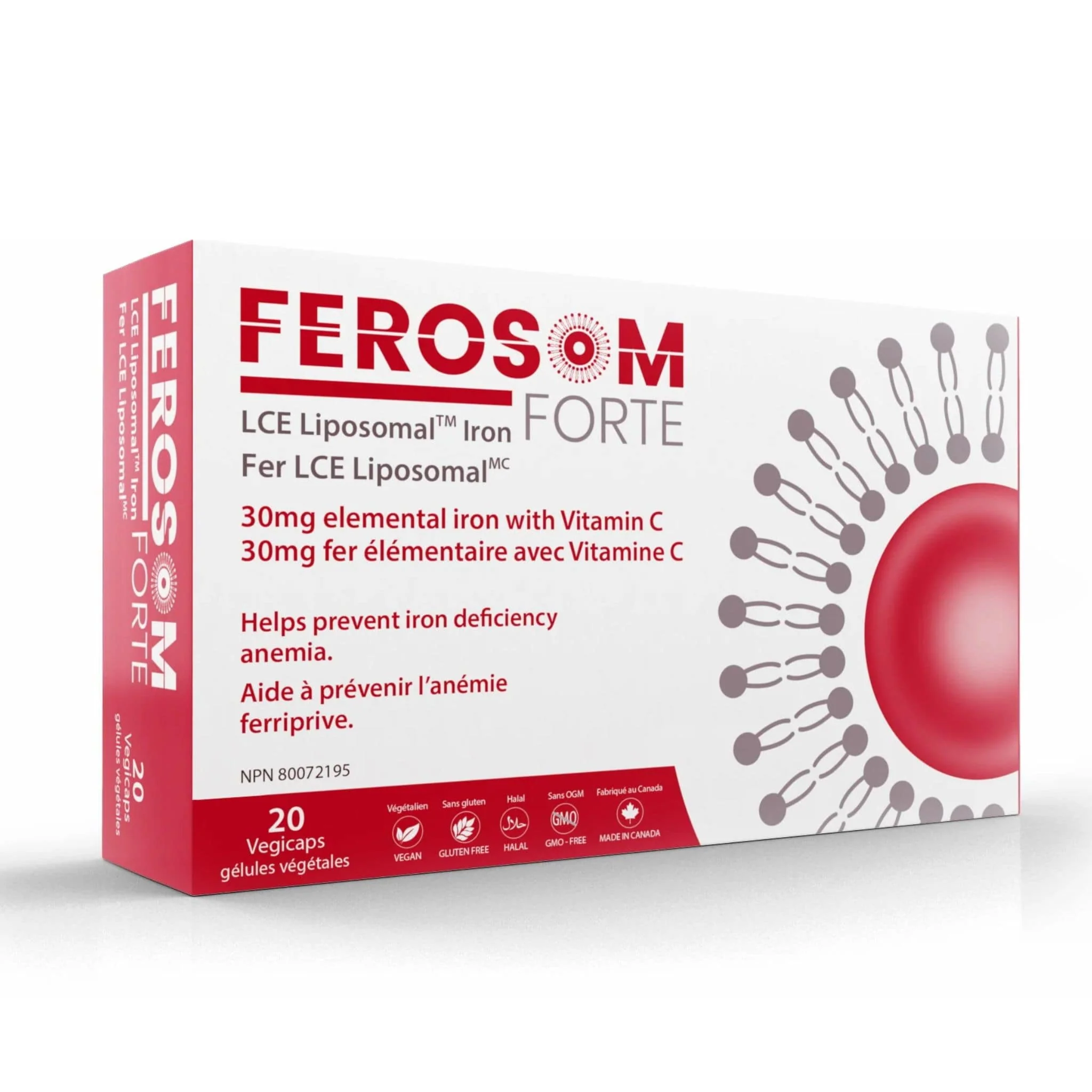Ferosom Forte LCE Liposomal Iron Supplement, 30mg Iron Plus Vitamin C, 20 Capsules