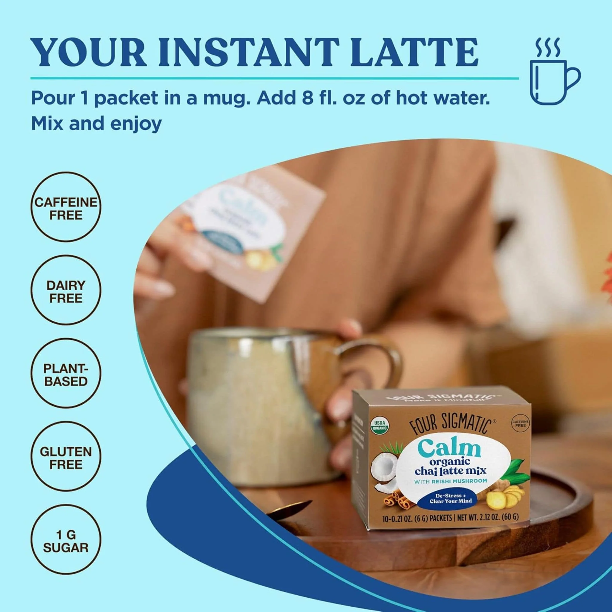 Four Sigmatic Calm Organic Chai Latte Mix with Reishi Mushroom, 10x6g Sachets - Image 7