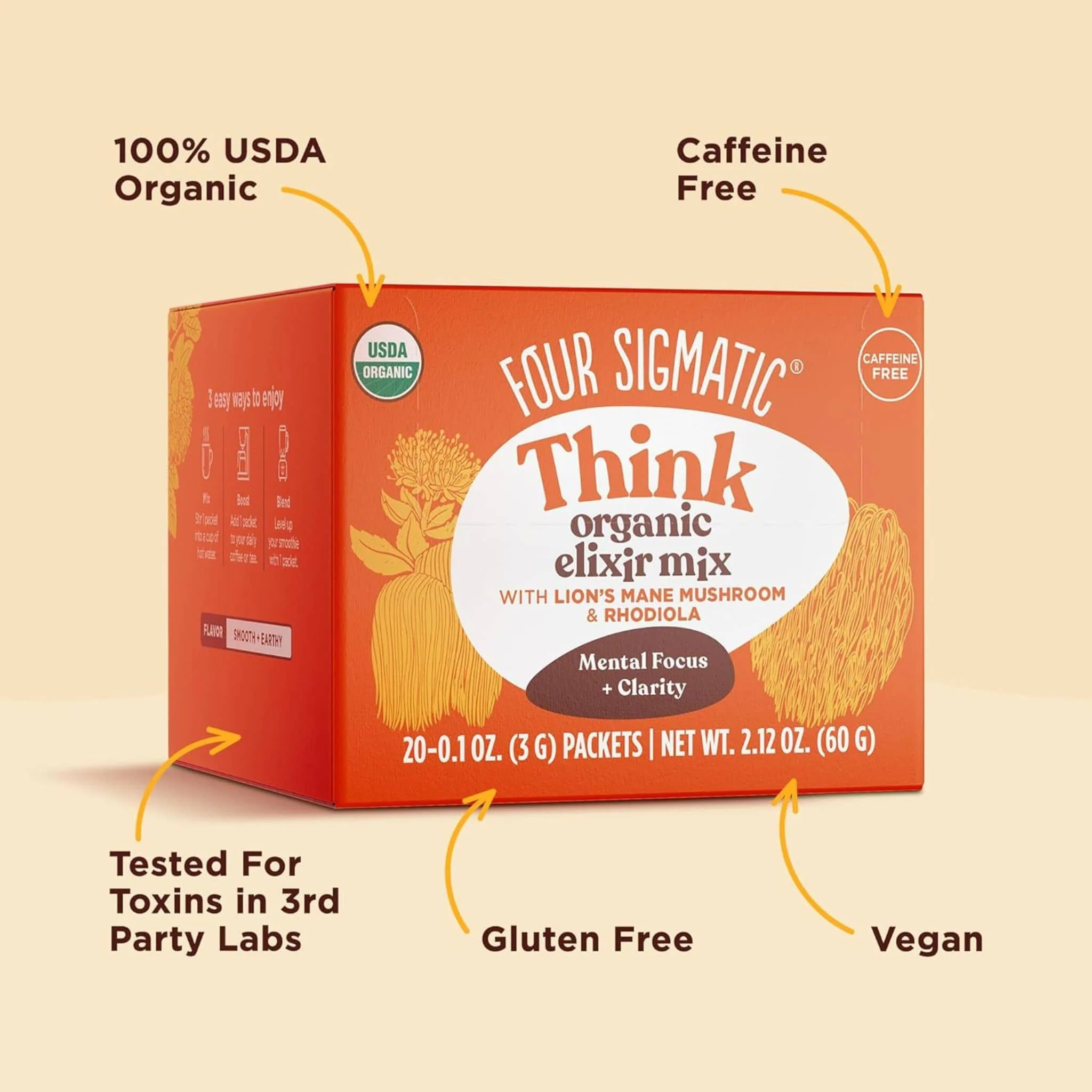 Four Sigmatic Think Organic Elixir Mix with Lion’s Mane, Cognitive Enhancement Support, Powder, 20x3g Sachets - Image 4