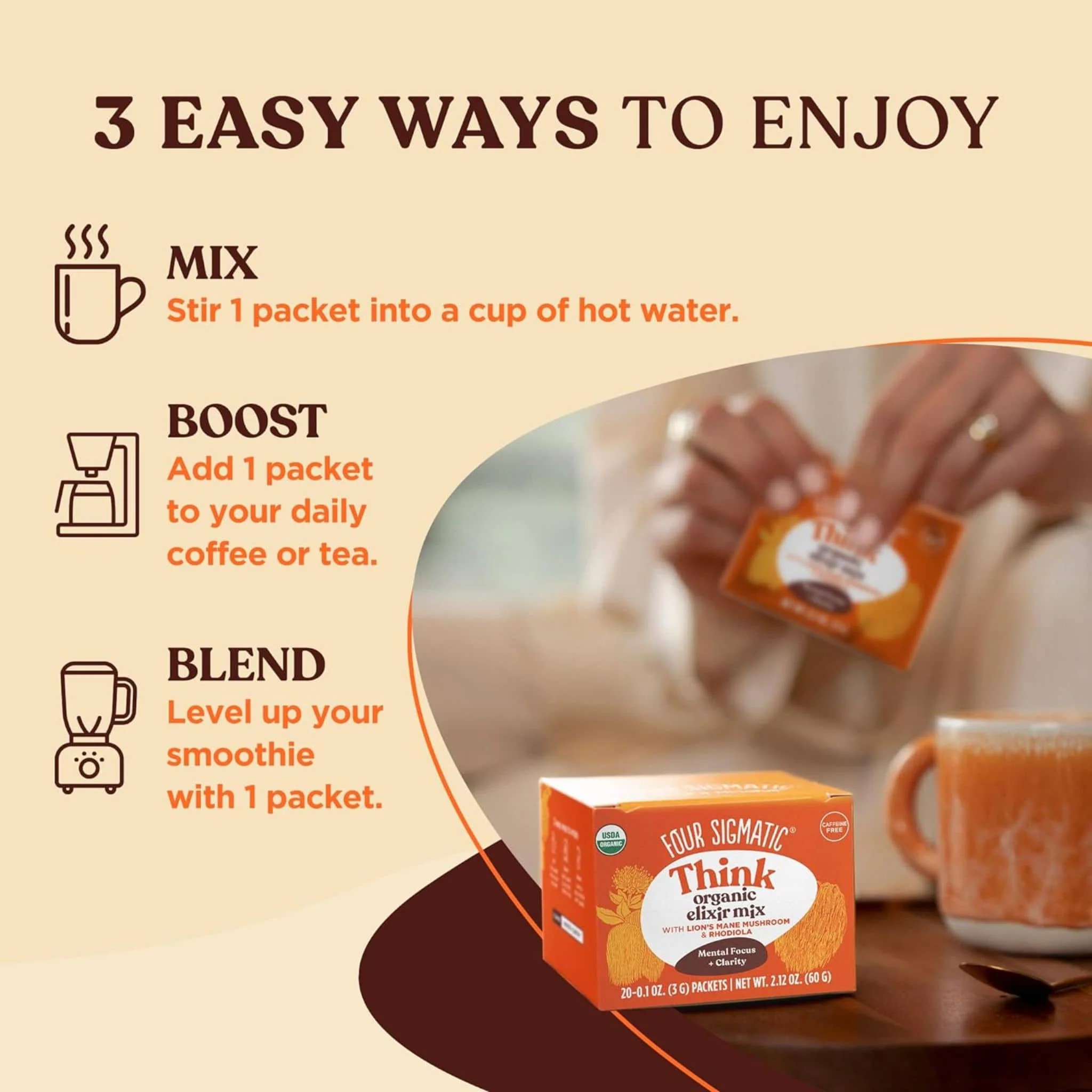 Four Sigmatic Think Organic Elixir Mix with Lion’s Mane, Cognitive Enhancement Support, Powder, 20x3g Sachets - Image 7