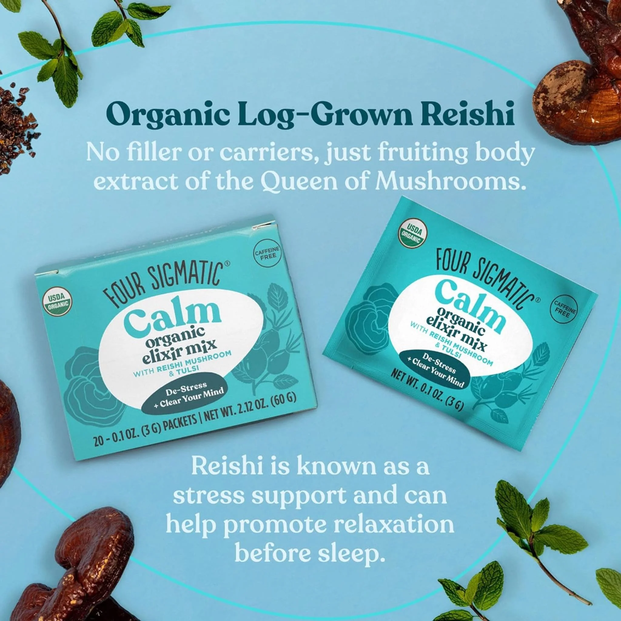 Four Sigmatic Calm Organic Elixir Mix with Reishi and Tulsi, Relax & Stress Support, Powder, 20x3g Sachets - Image 4