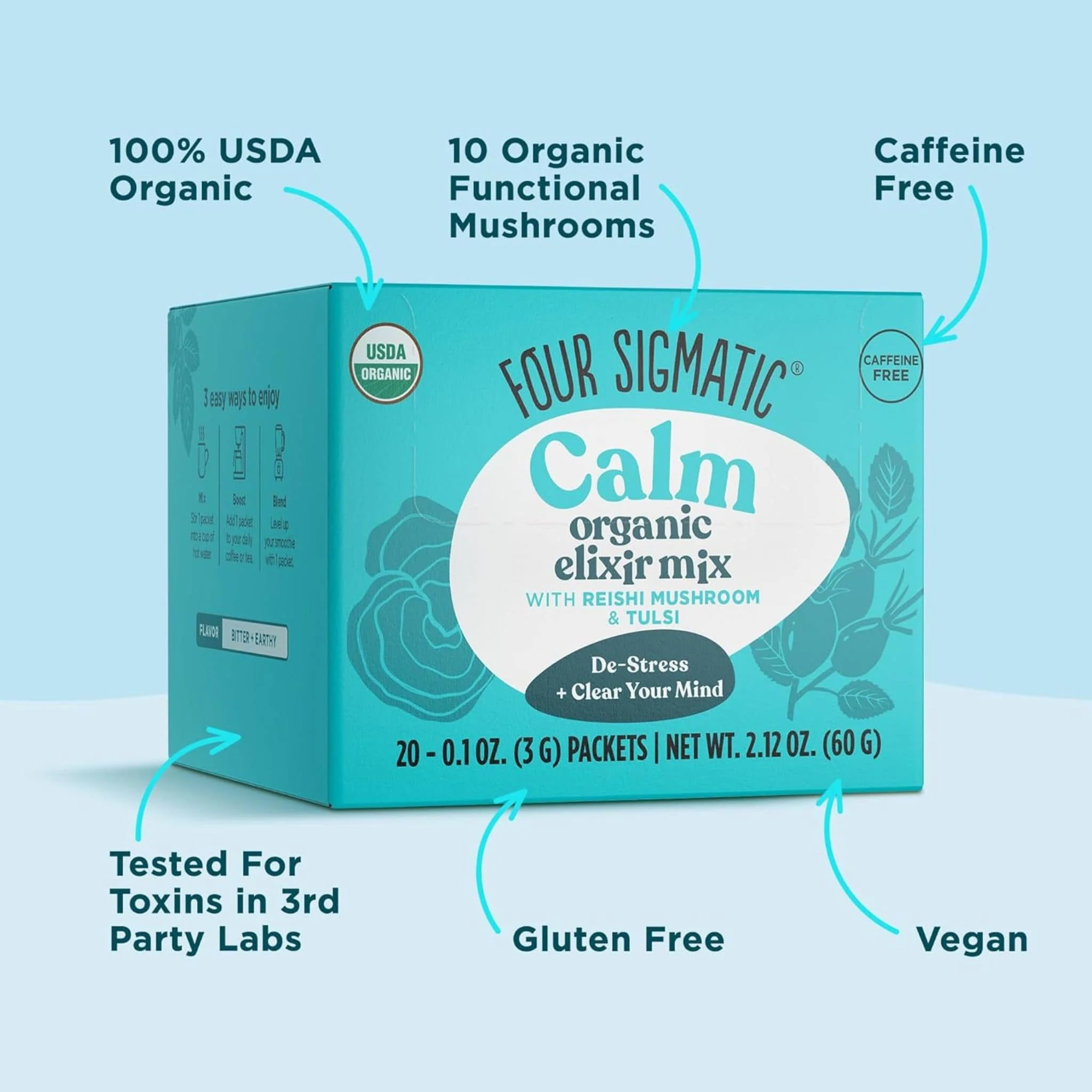 Four Sigmatic Calm Organic Elixir Mix with Reishi and Tulsi, Relax & Stress Support, Powder, 20x3g Sachets - Image 5