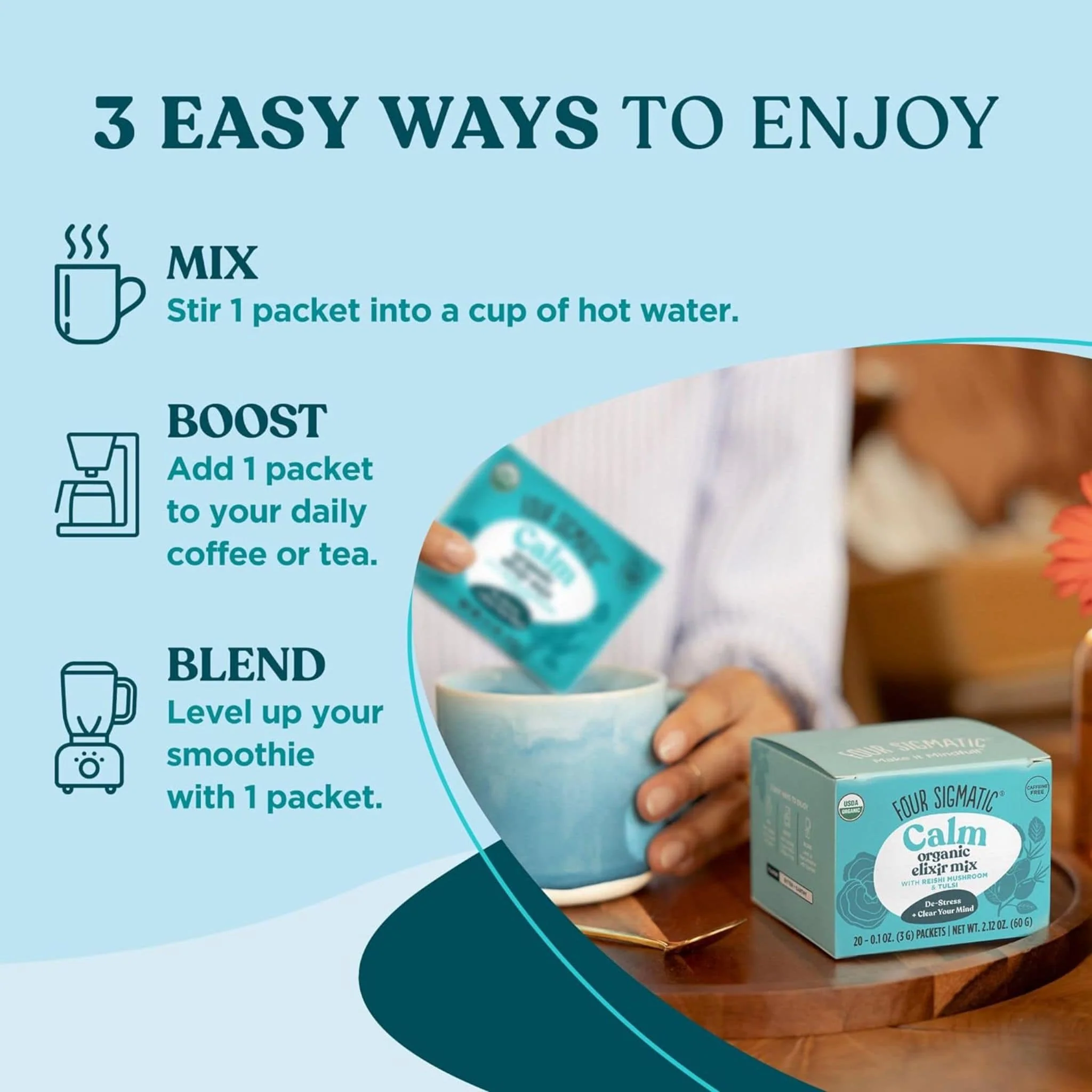 Four Sigmatic Calm Organic Elixir Mix with Reishi and Tulsi, Relax & Stress Support, Powder, 20x3g Sachets - Image 6