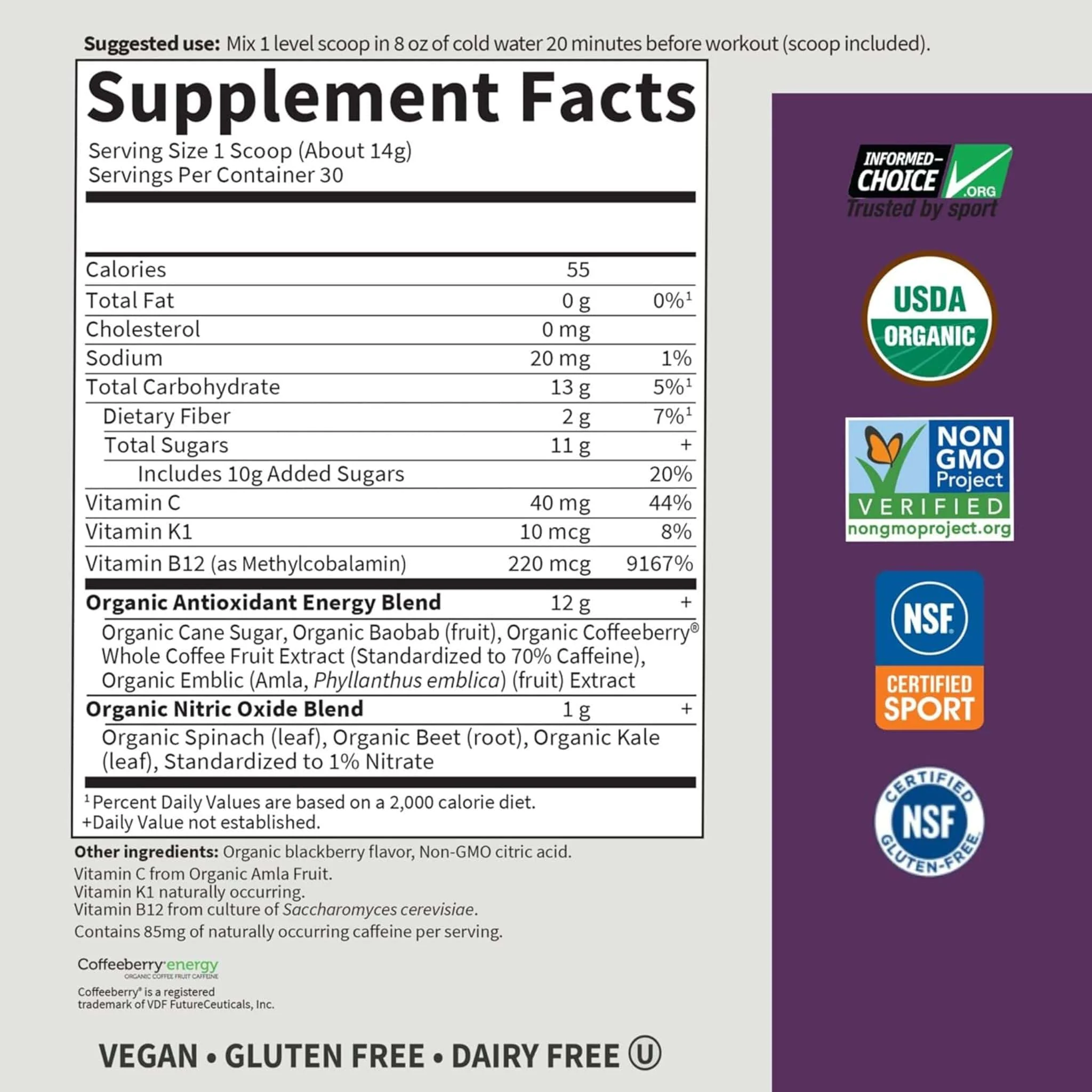 Garden of Life Sport Organic Pre-Workout Energy + Focus (Blackberry flavour), 432g (30 Servings) - Image 2