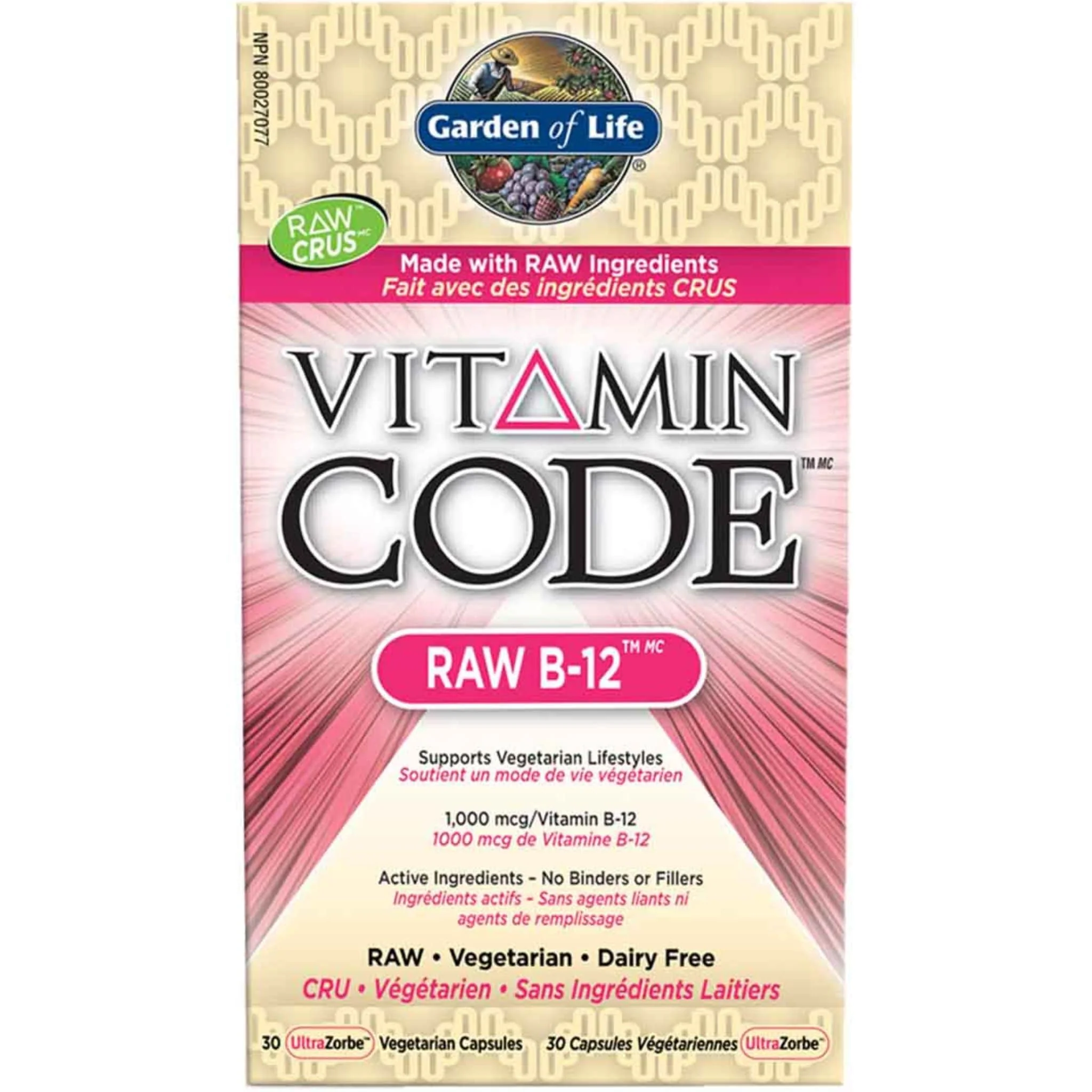 Garden of Life Vitamin Code Raw B12 1000mcg (Cyanocobalamin), 30 Vcaps