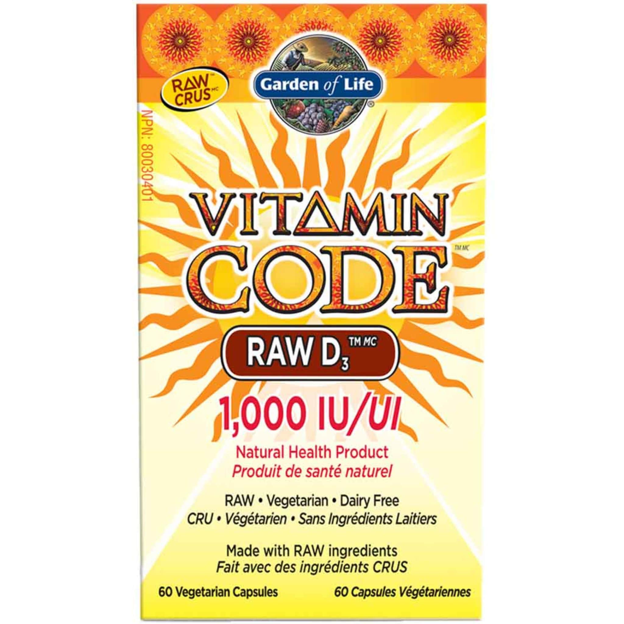 Garden of Life Vitamin Code Raw D3 1000IU, 60 Vegetarian Capsules