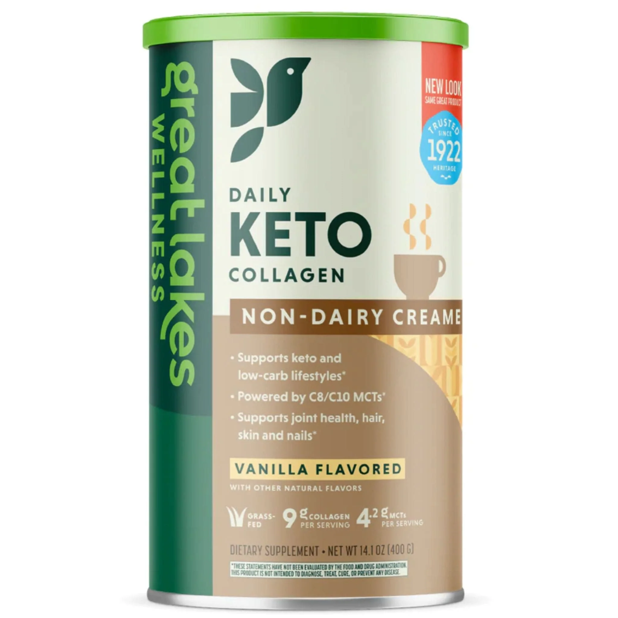 Great Lakes Daily Keto Collagen Peptides with MCT Oil, Non-Dairy Creamer, 400g