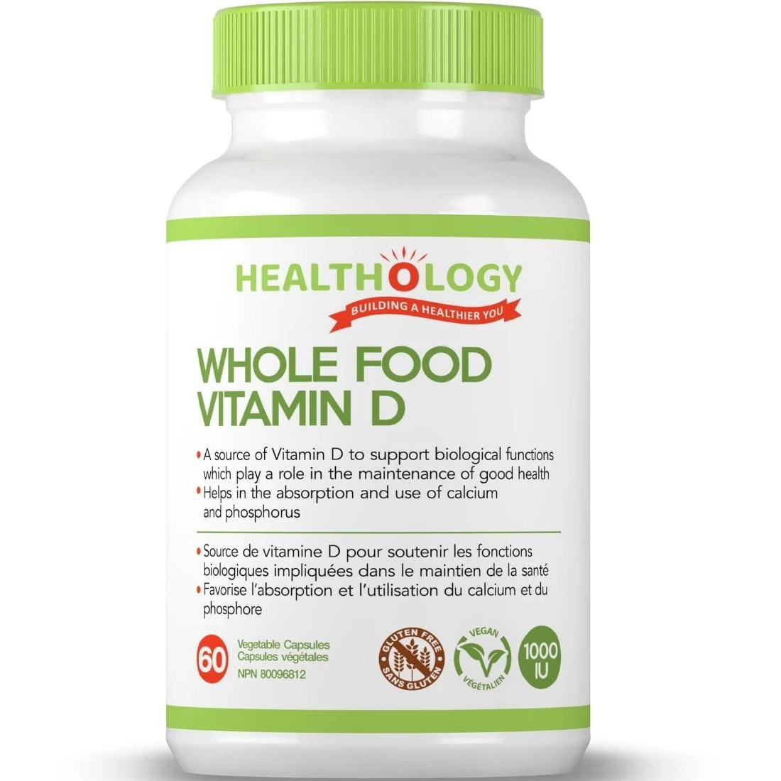 Healthology Whole Food Vitamin D, Vegan Real-Food Source, 60 Vegetable Capsules