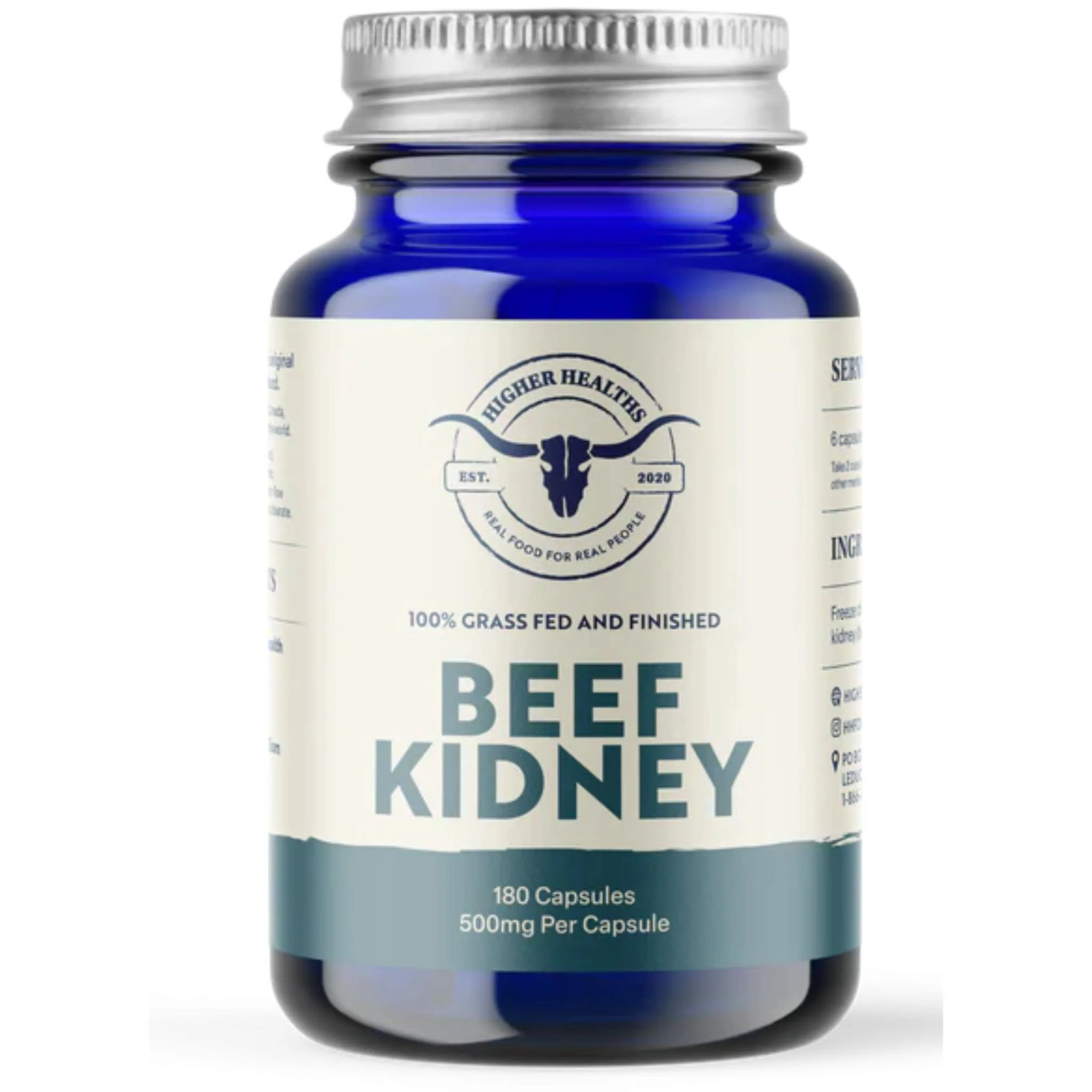 Higher Healths Grass-Fed Beef Kidney 500mg, 180 Capsules