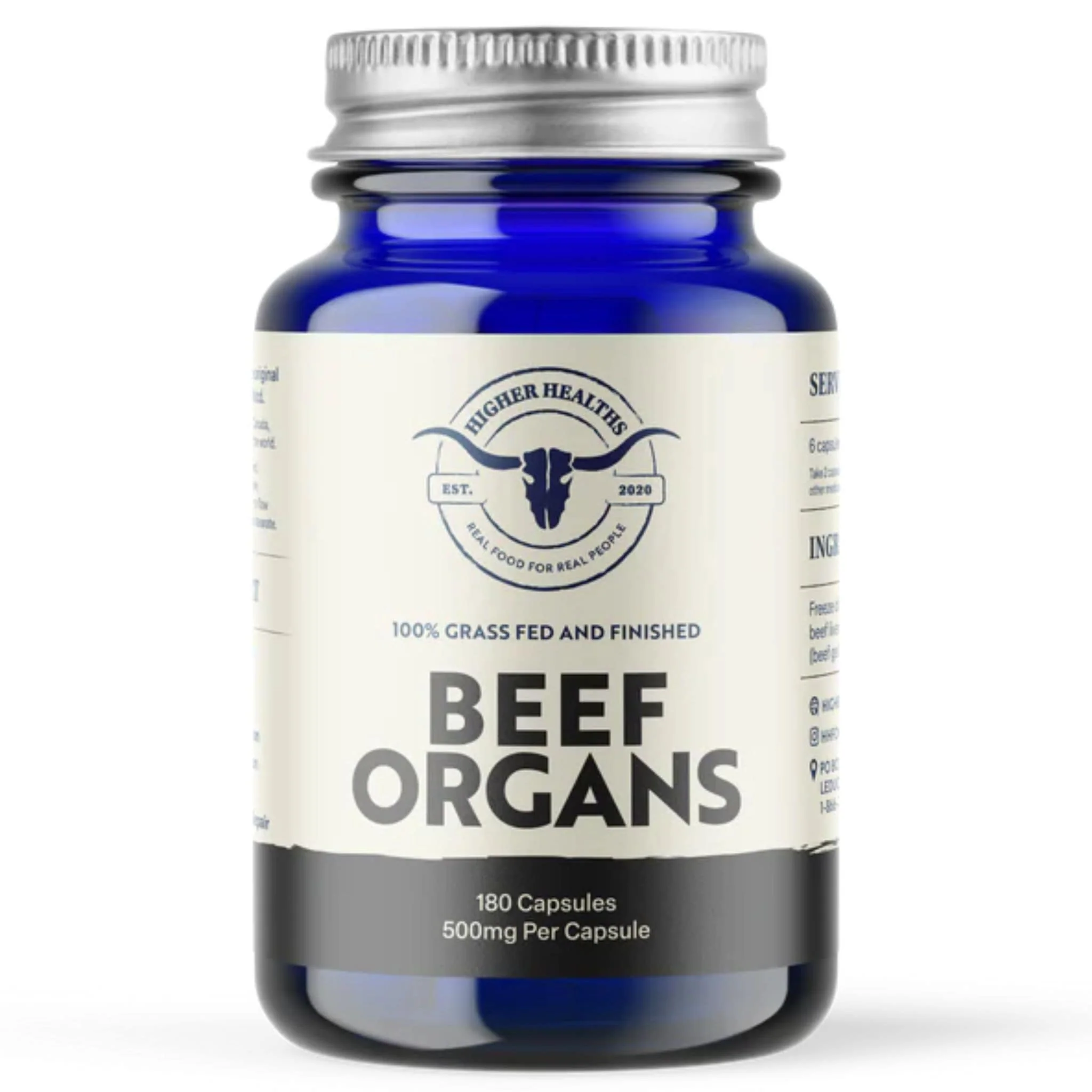 Higher Healths Grass-Fed Beef Organs 500mg, 180 Capsules