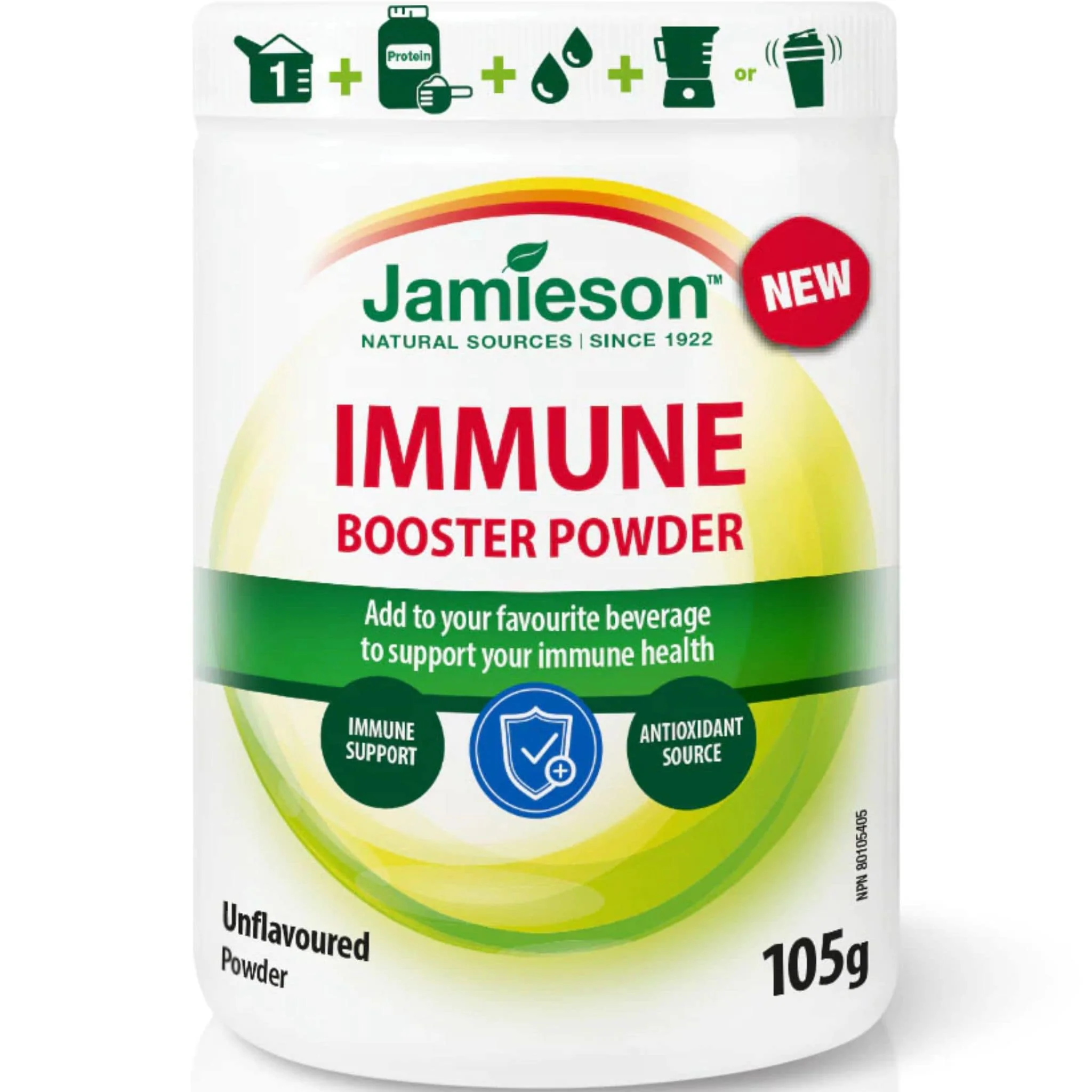 Jamieson Immune Booster Powder with Elderberry, Vitamin D, Echinacea, Ginger and Zinc, Unflavoured, 105g