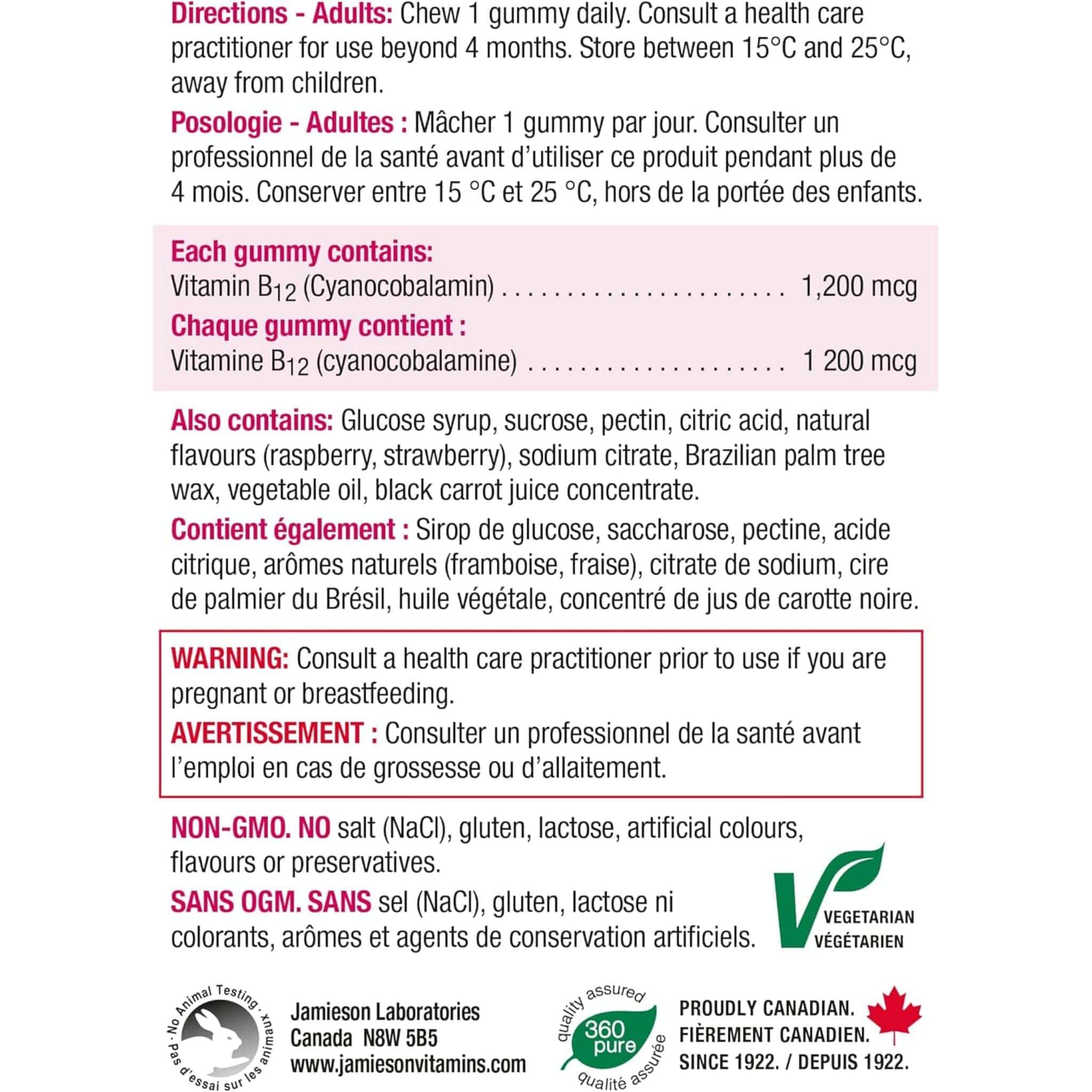 Jamieson B12 1200mcg, Raspberry Flavour, 70 Vegetarian Gummies - Image 5
