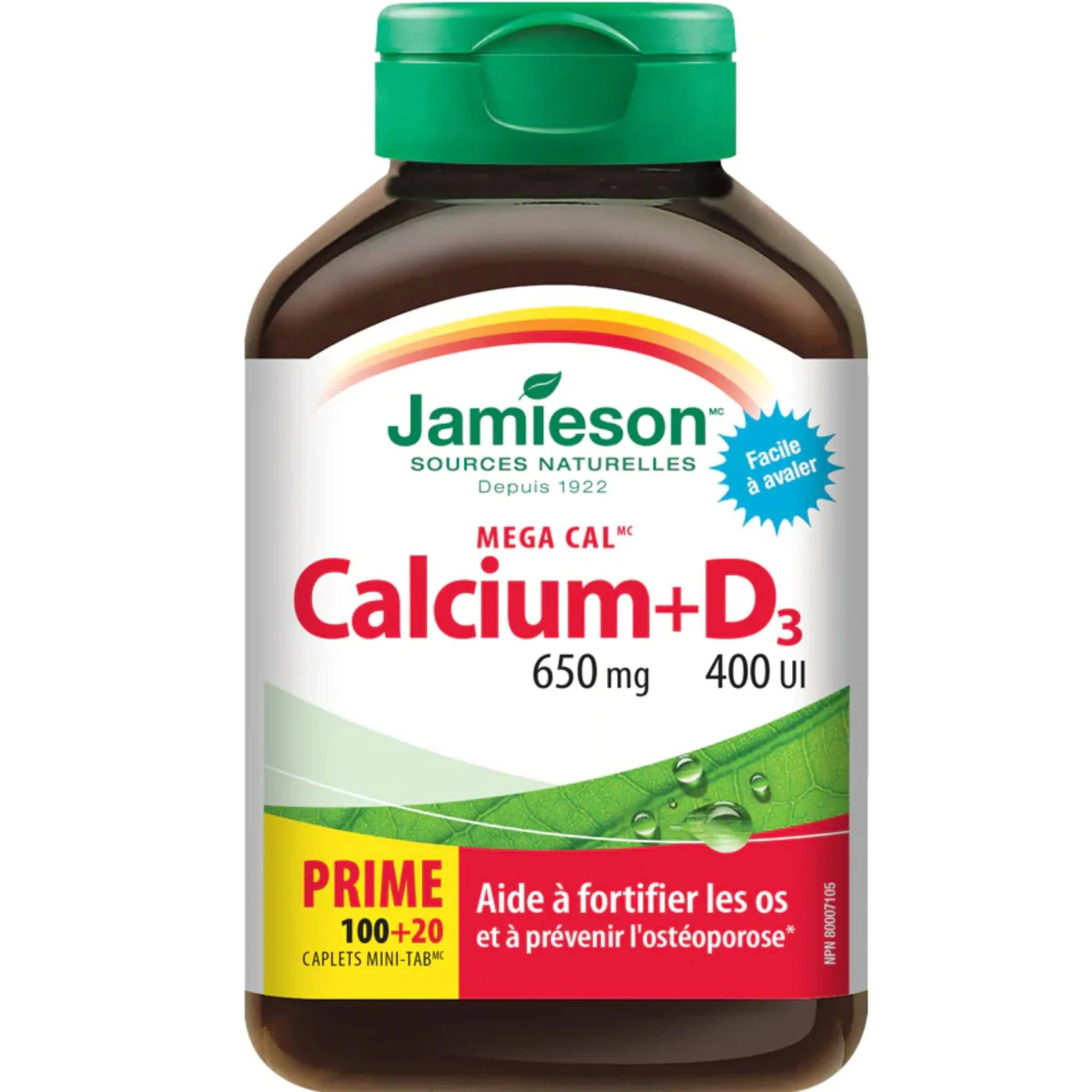 Jamieson Calcium (650mg) + Vitamin D (400IU), 100+20 Free Caplets - Image 2