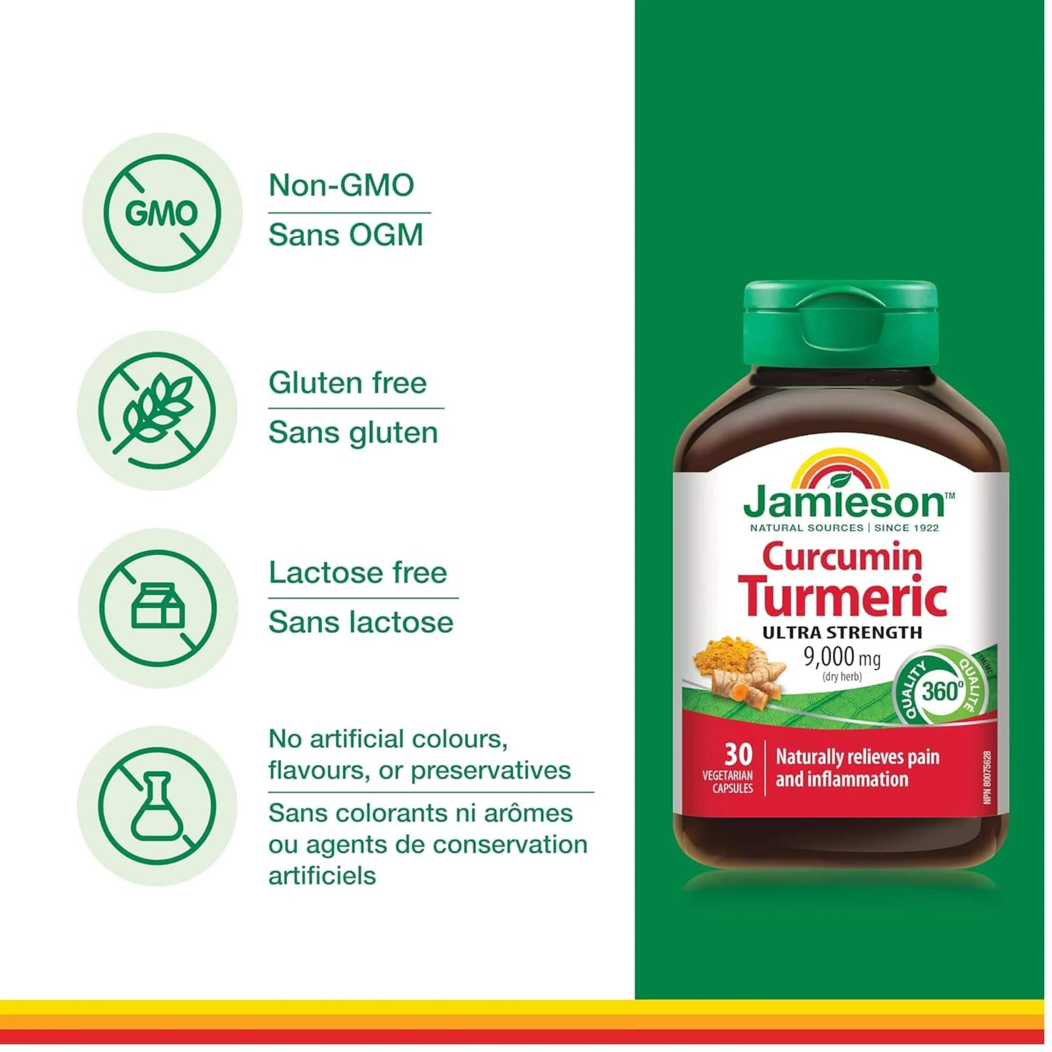 Jamieson Curcumin Tumeric 9000mg Ultra Strength, Raw Herb, 30 Vegetable Capsules - Image 4