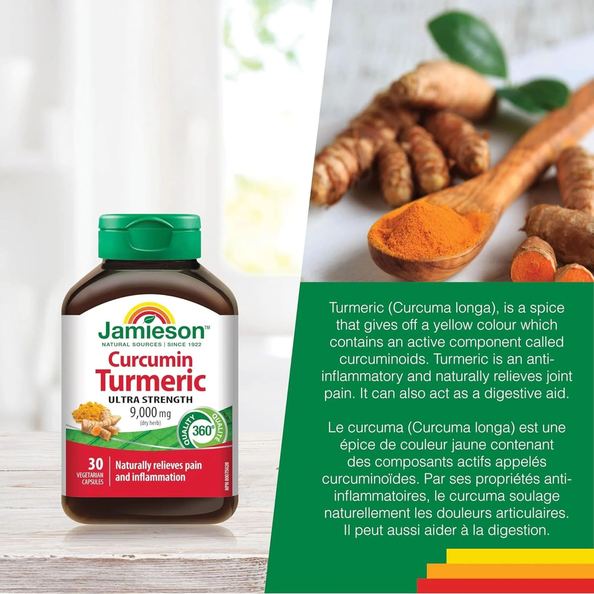 Jamieson Curcumin Tumeric 9000mg Ultra Strength, Raw Herb, 30 Vegetable Capsules - Image 5