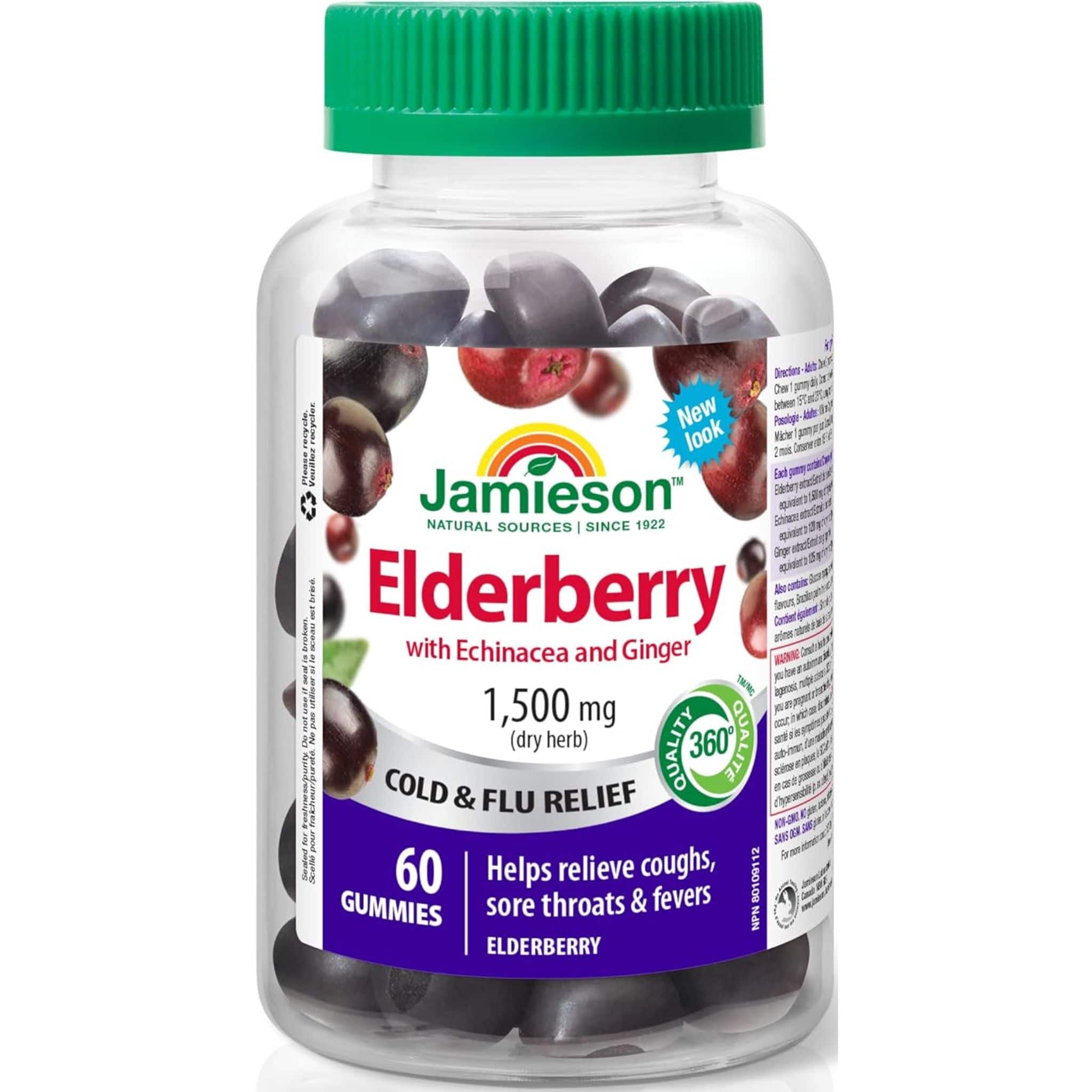 Jamieson Elderberry Cold and Flu Gummies with Echinacea and Ginger, Berry Flavour, 60 Gummies