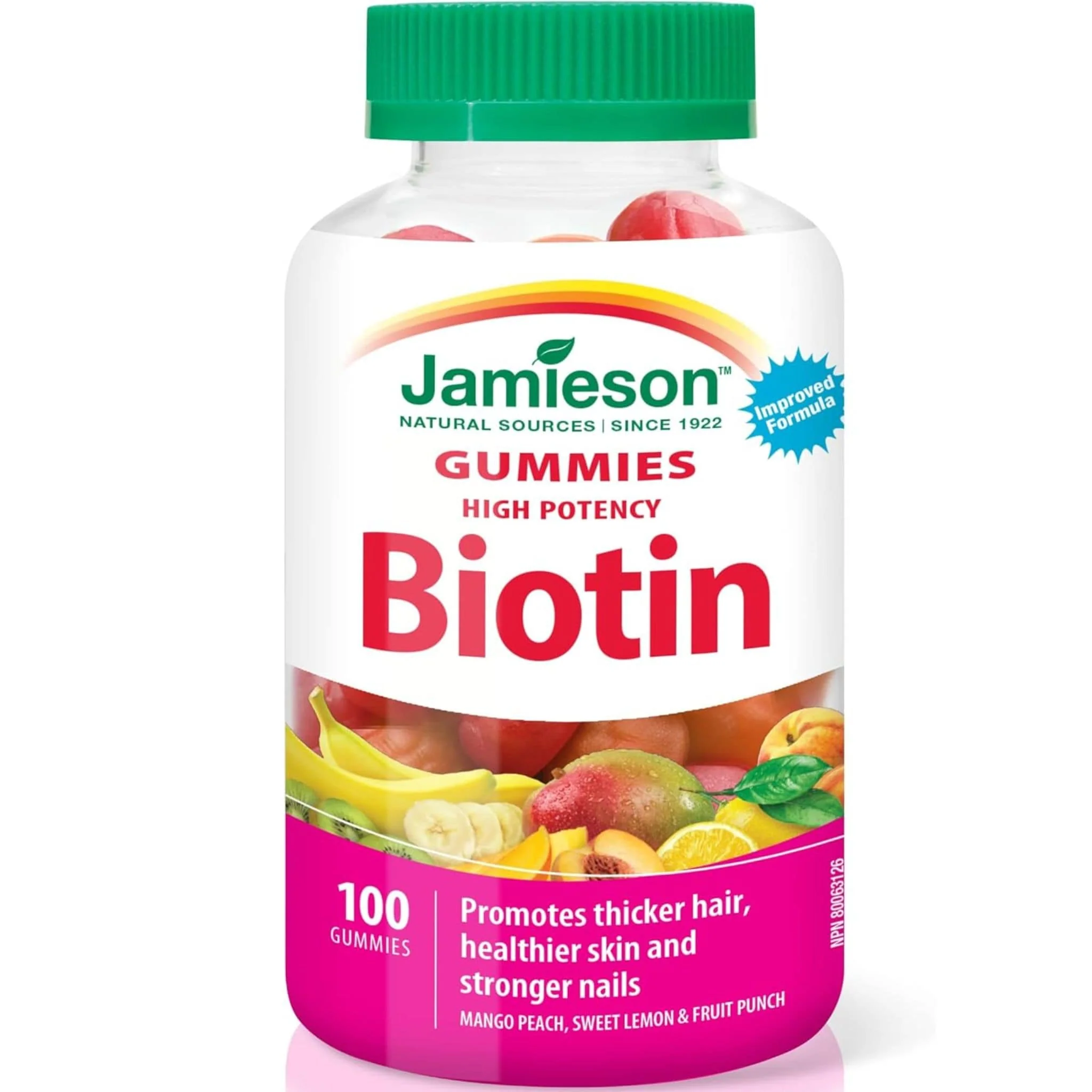 Jamieson High Potency Biotin Gummies 1250mcg, Assorted Fruit Flavours, 100 Gummies