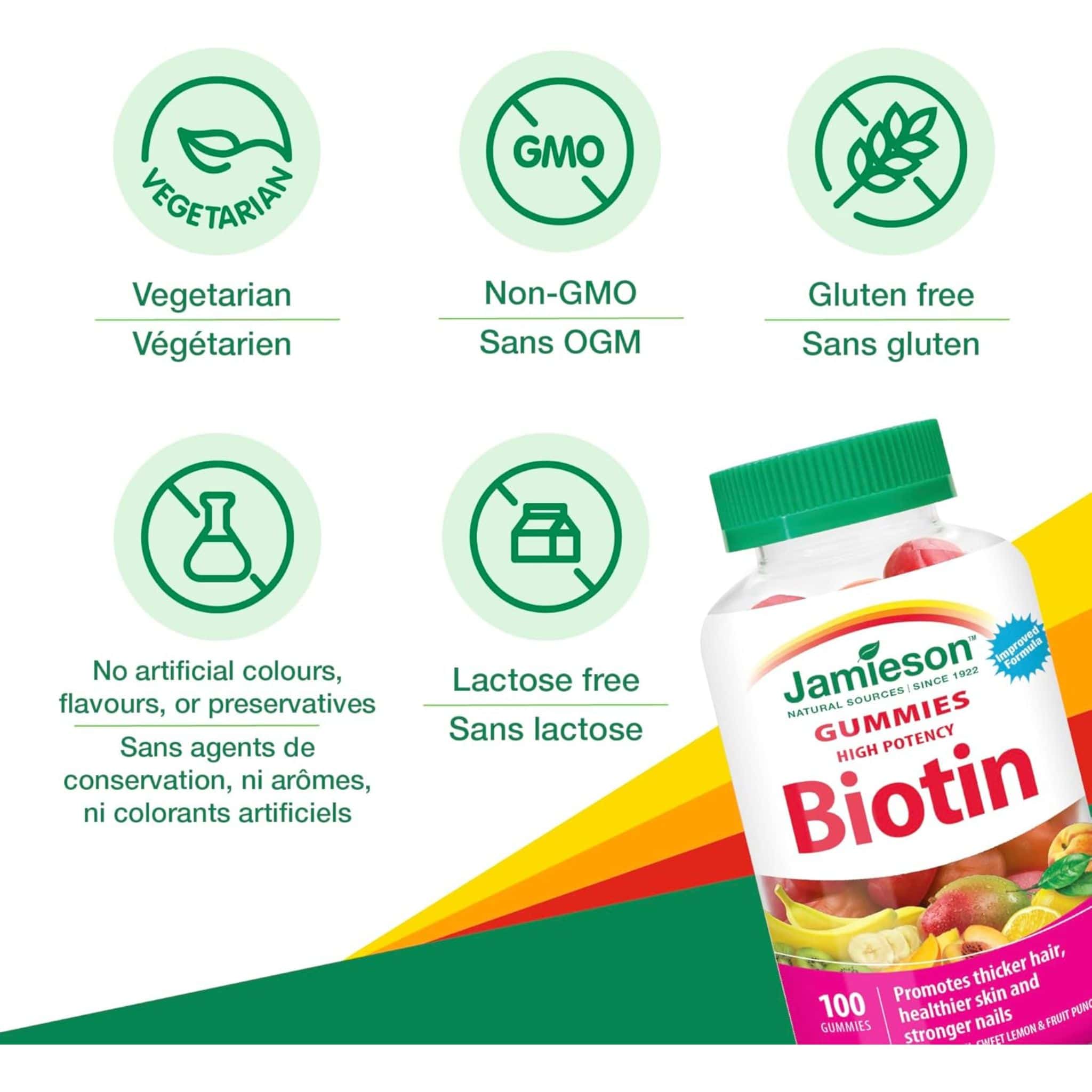 Jamieson High Potency Biotin Gummies 1250mcg, Assorted Fruit Flavours, 100 Gummies - Image 4