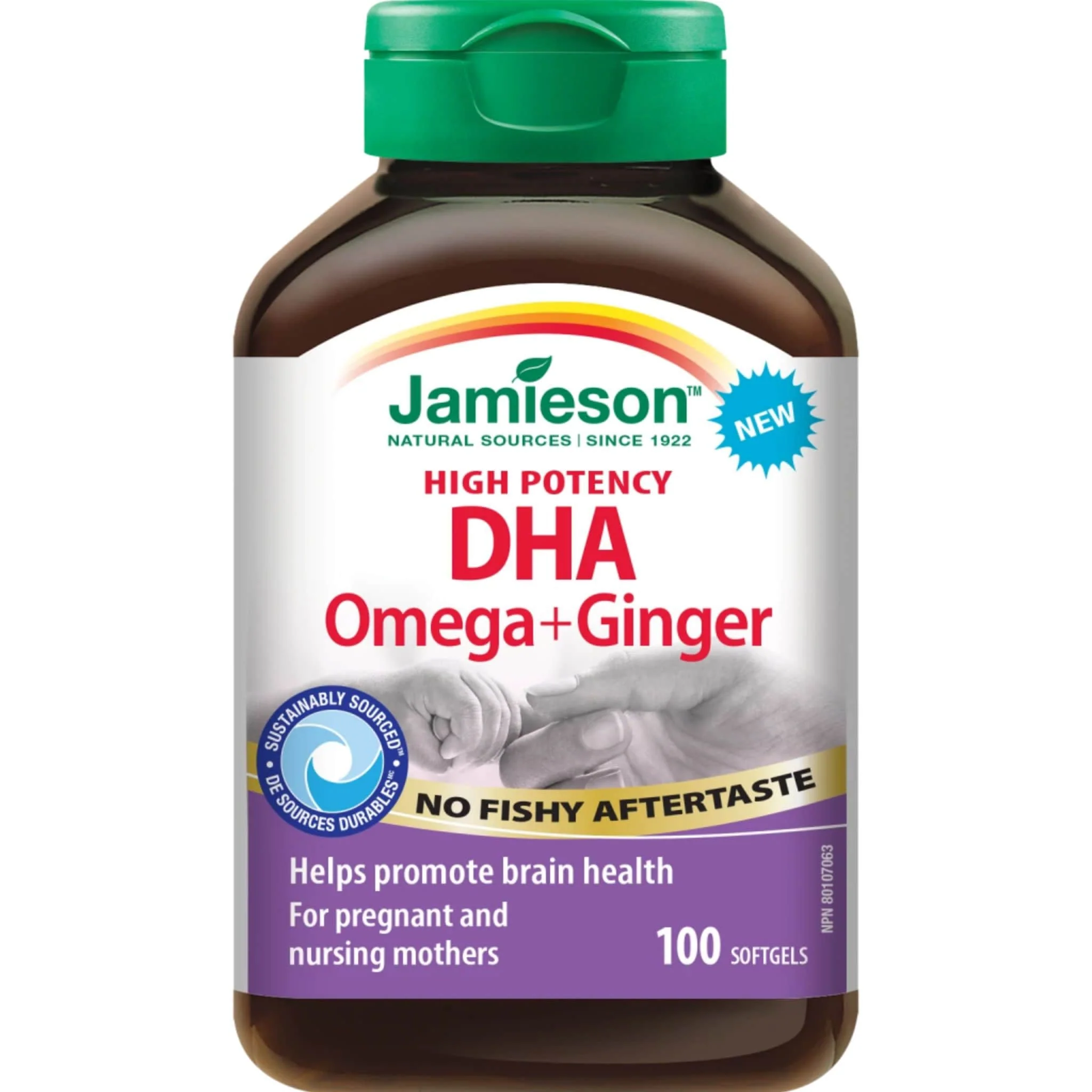 Jamieson High Potency Prenatal DHA Omega-3 + Ginger, No Fishy Aftertaste, 100 Softgels
