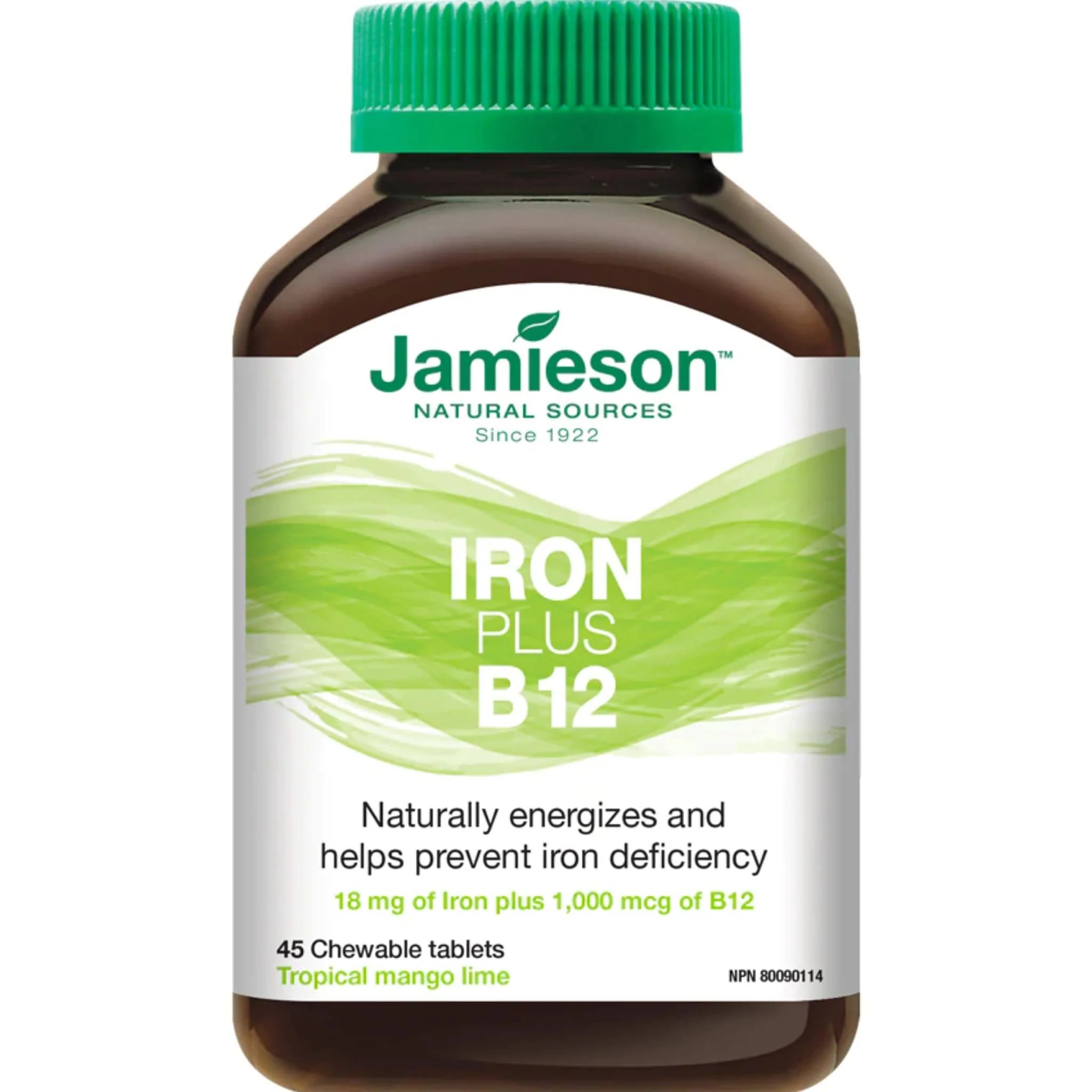 Jamieson Iron Plus B12,  Chewable Iron 18mg, B12 1,000mcg, 45 Chewable Tablets