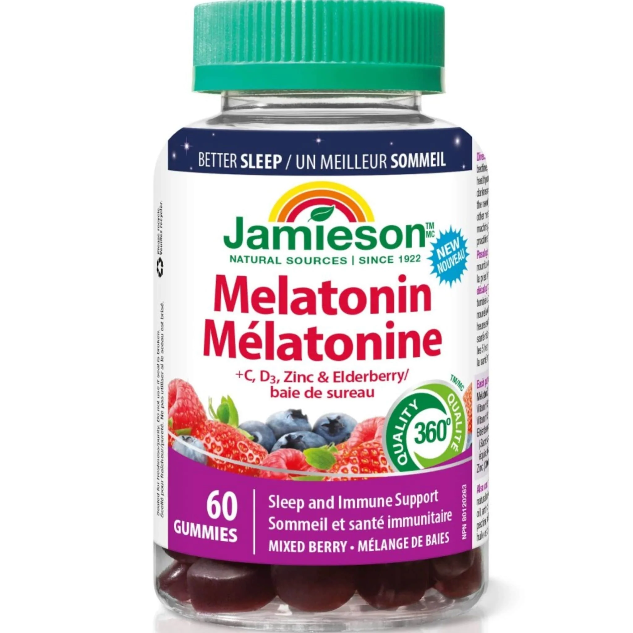 Jamieson Melatonin 5mg with Vitamins C, D, Zinc and Elderberry Gummies, Mixed Berry, 60 Gummies