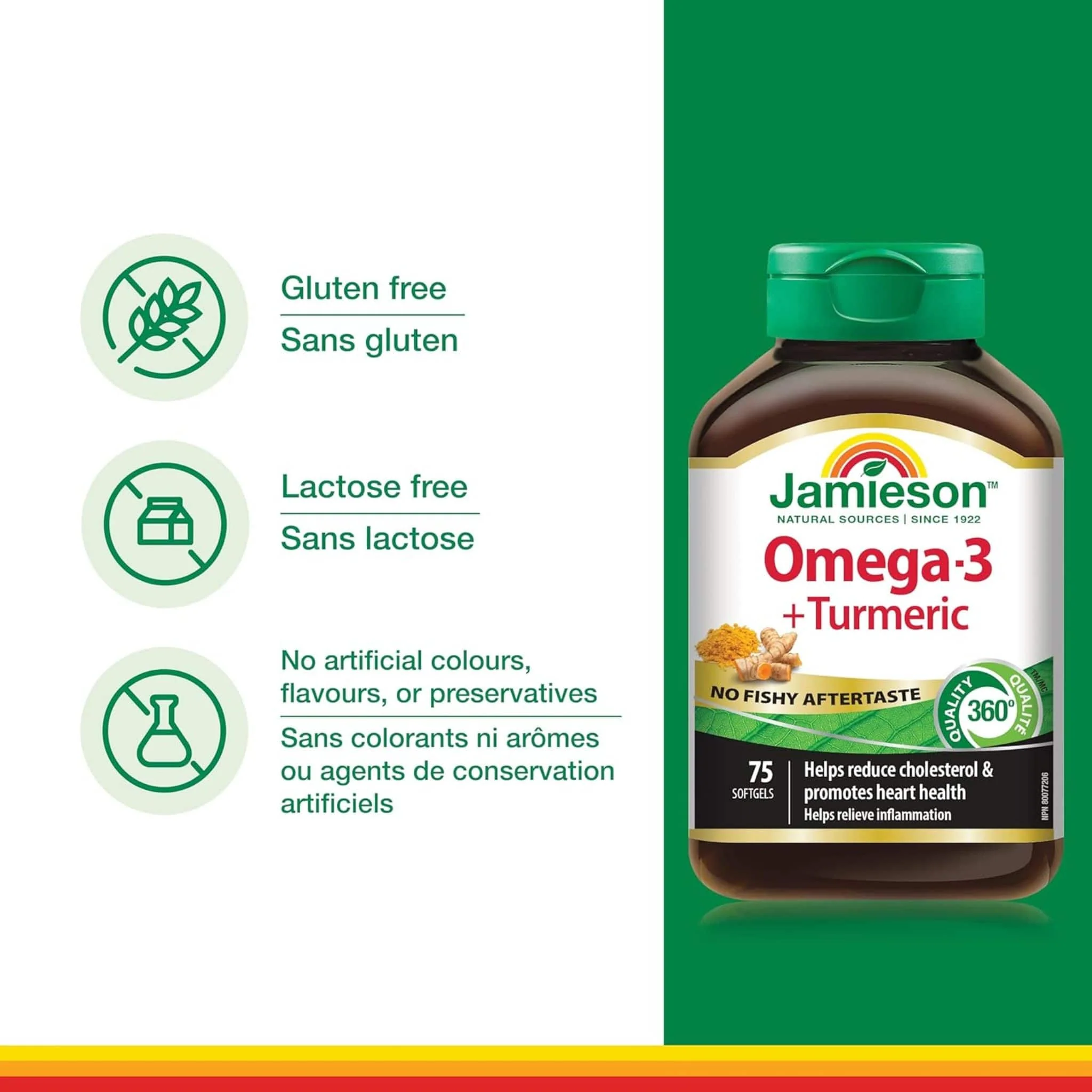 Jamieson No Fishy Aftertaste Omega-3 + Tumeric, 75 Softgels - Image 4