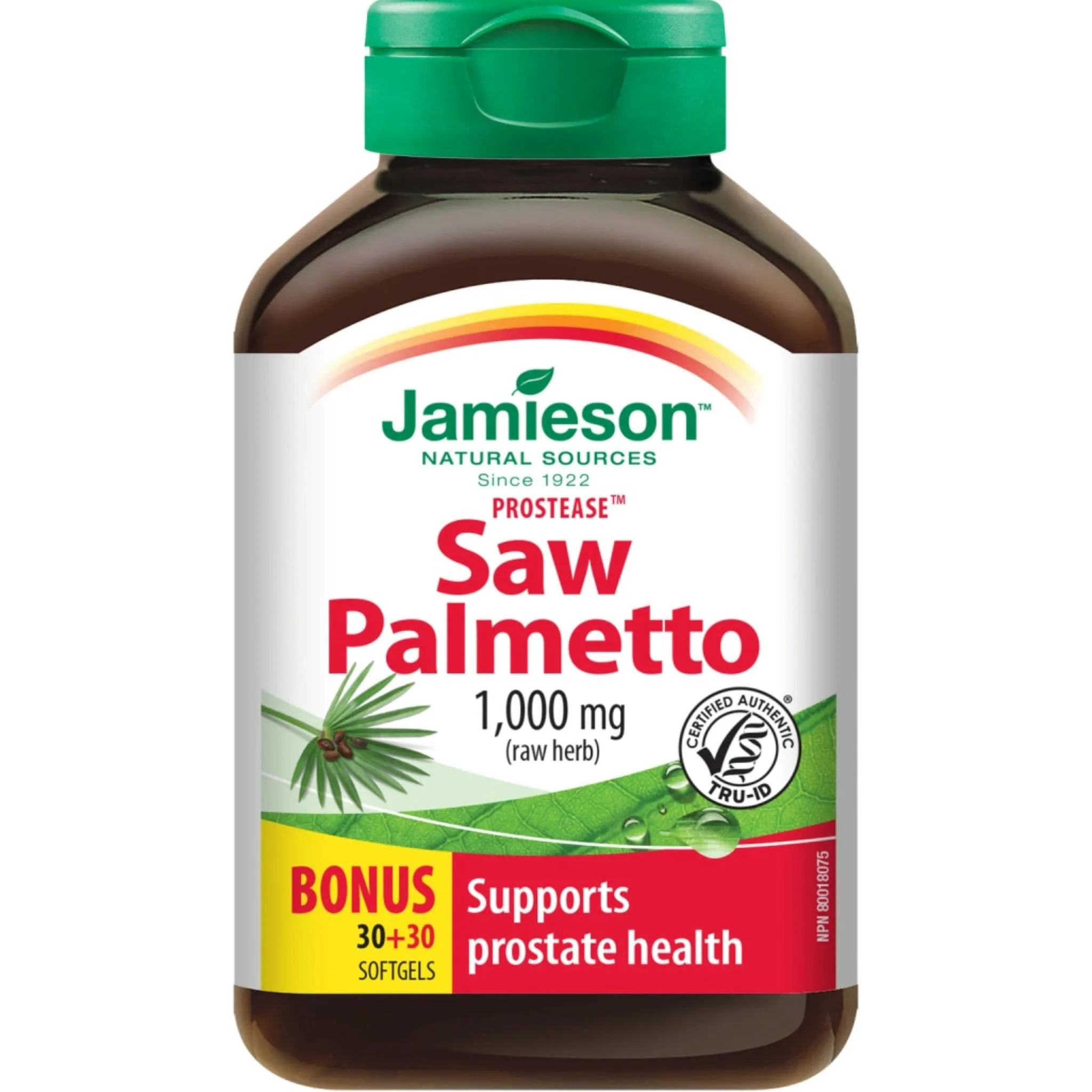 Jamieson Prostease Saw Palmetto 1,000mg, Raw herb, 60 Softgels