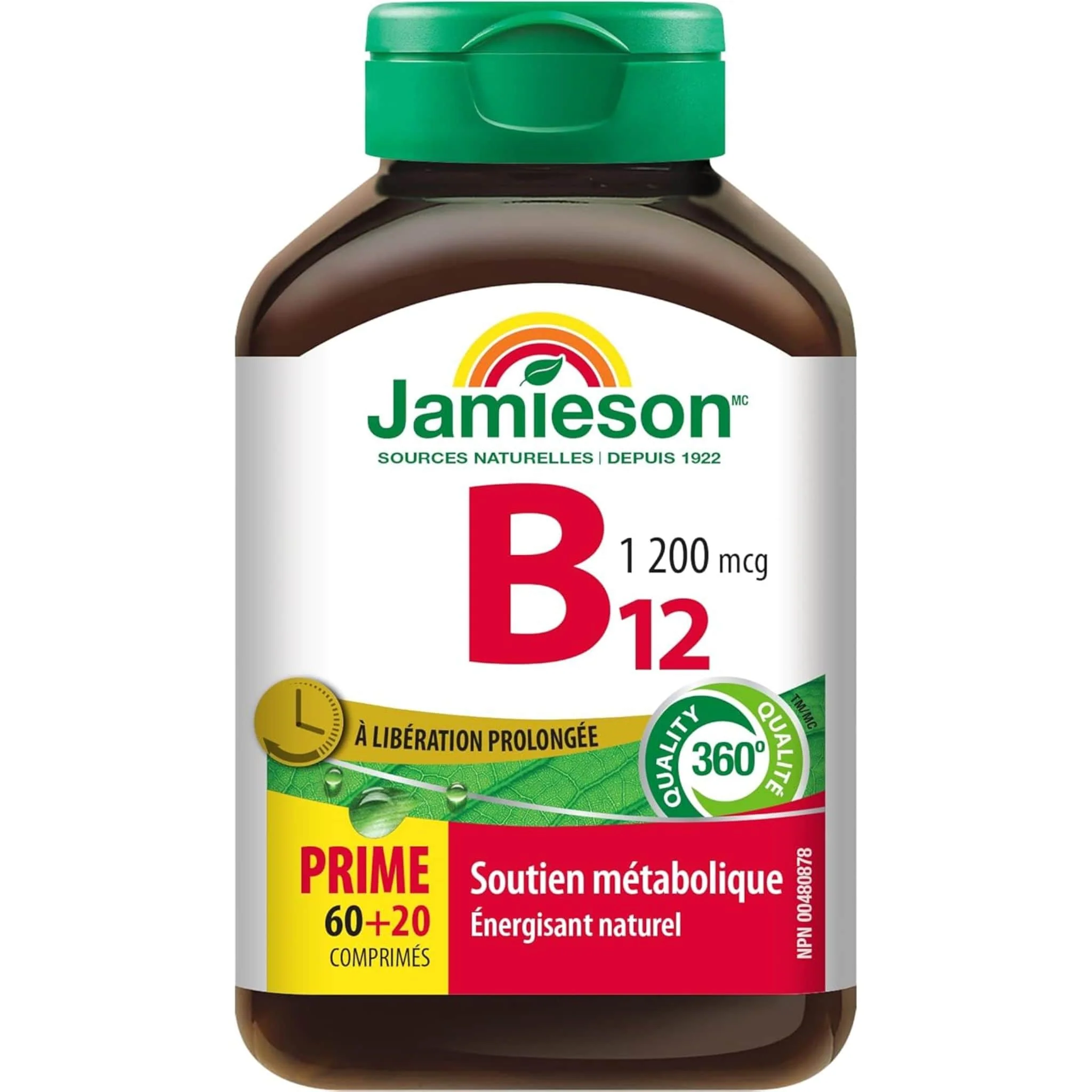 Jamieson Vitamin B12 (Cobalamin), Timed Release, 1200mcg, 60+20 Free Tablets - Image 2