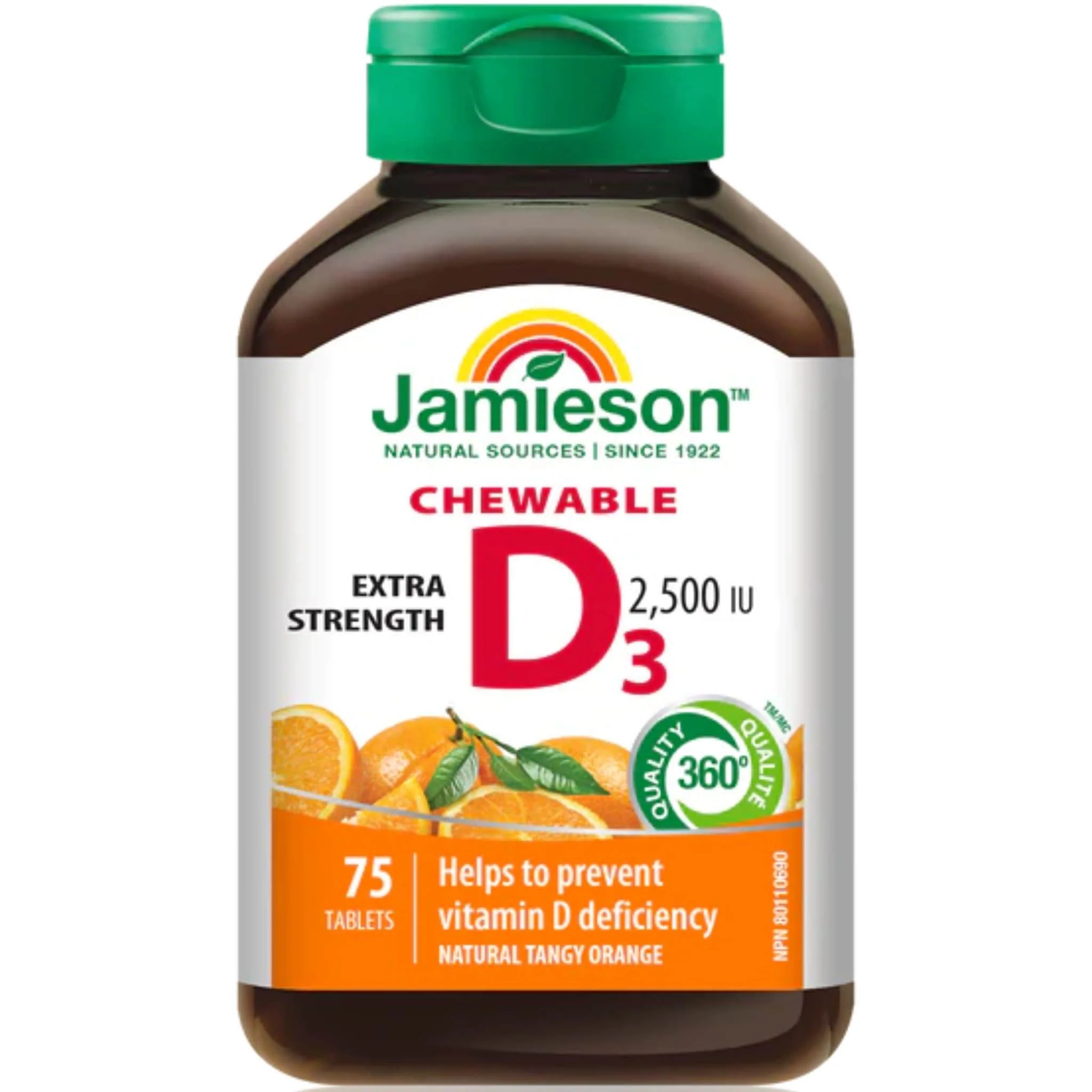 Jamieson Chewable Vitamin D3 2500IU Extra Strength, Orange Flavour, 75 Chewable Tablets