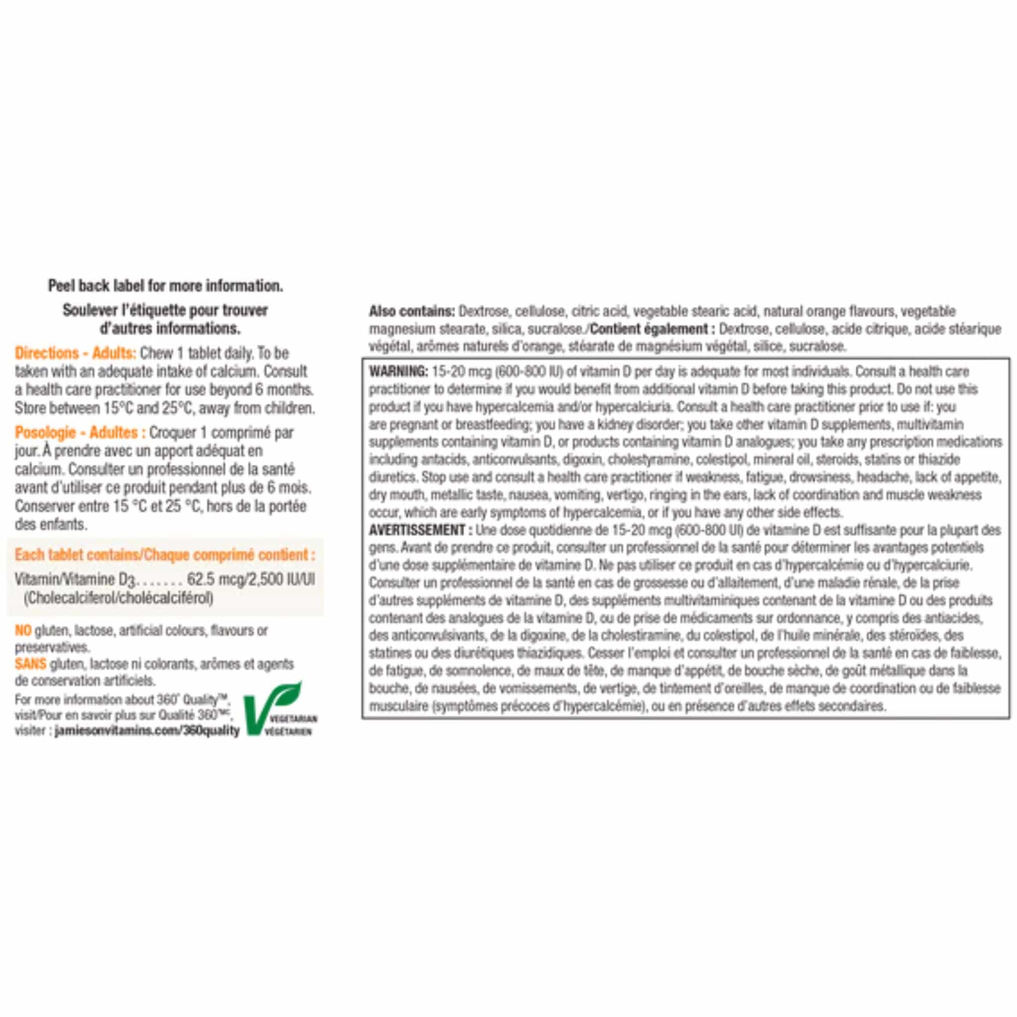 Jamieson Chewable Vitamin D3 2500IU Extra Strength, Orange Flavour, 75 Chewable Tablets - Image 3