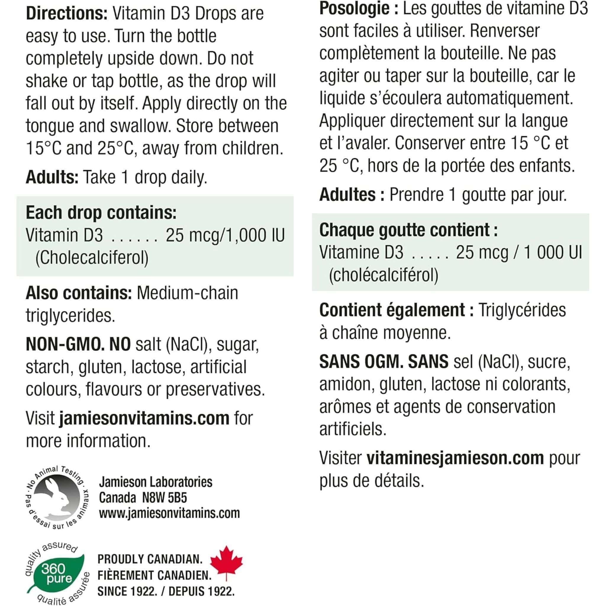 Jamieson Vitamin D3 Droplets 1,000 IU, 11.4ml / 360 Drops - Image 3