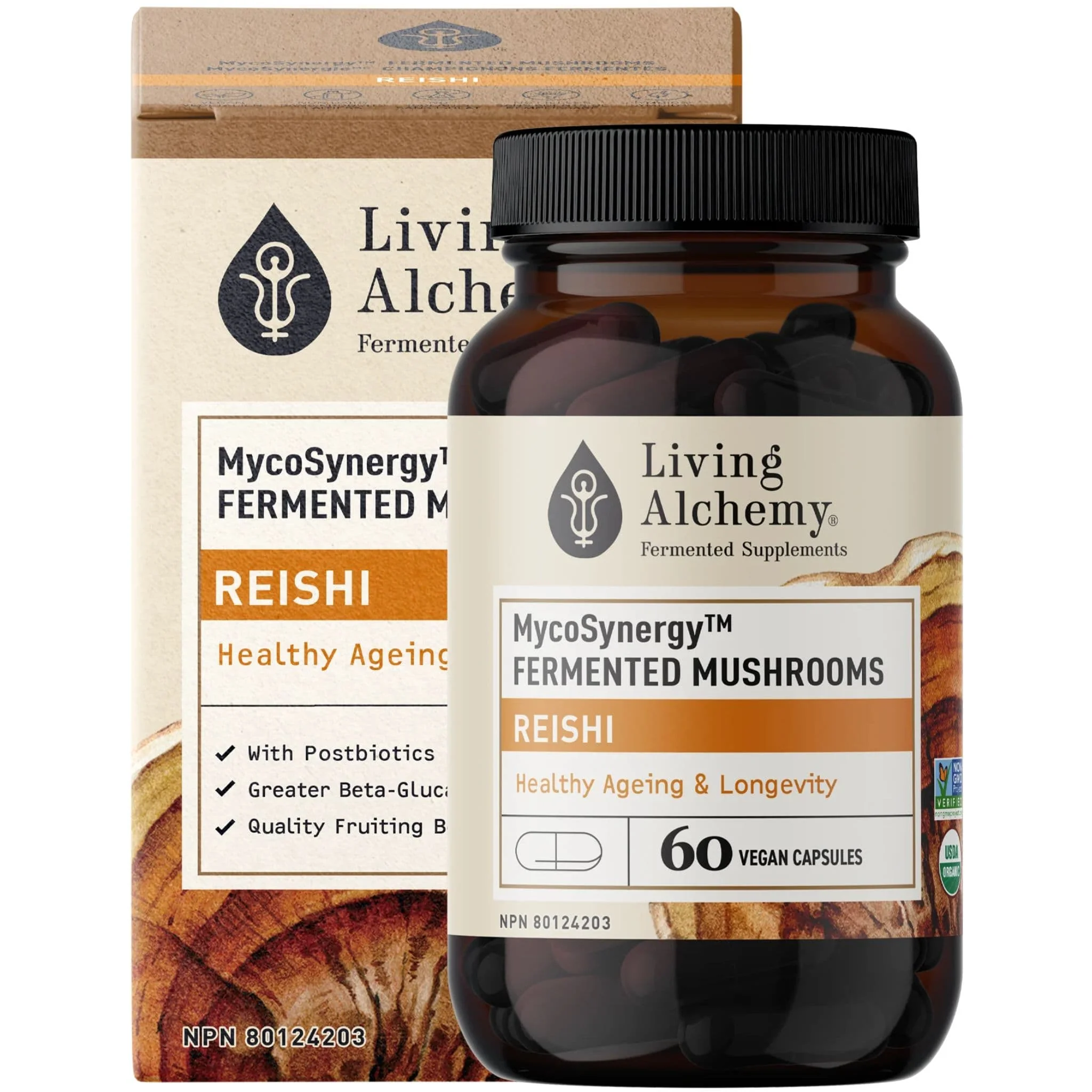 Living Alchemy MycoSynergy Fermented Mushrooms Reishi, Supports Healthy Aging and Longevity, 60 Vegetable Capsules