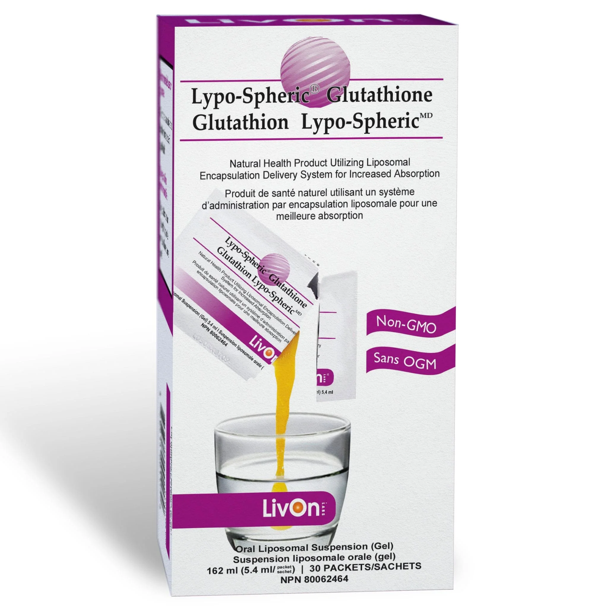 LivOn Lypo-Spheric Glutathione 450mg, Setria Liposomal Glutathione with 1,000mg Phosphatidylcholine for Optimized Absorption, Ultimate Detox Support, 30 Packets