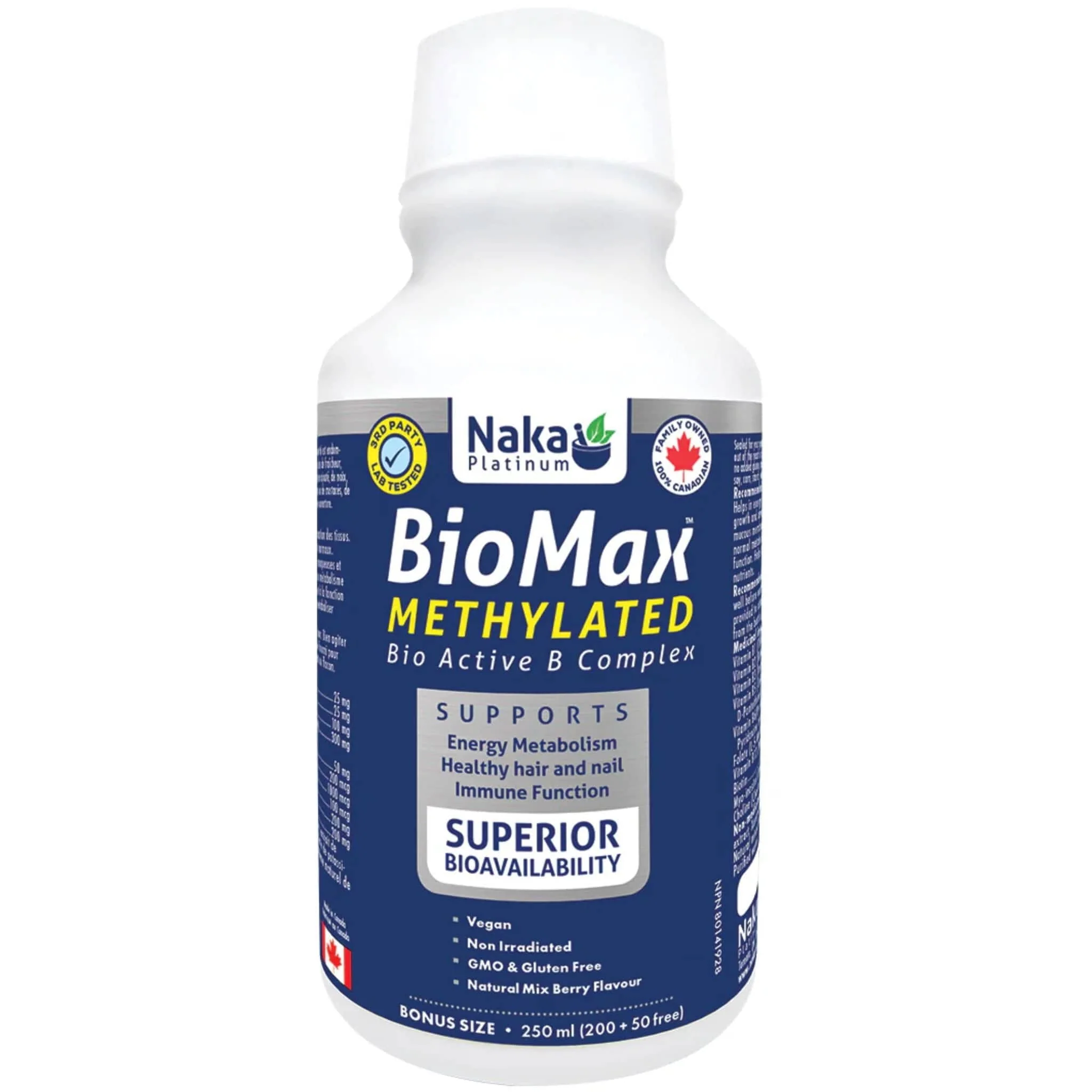 NAKA BioMax Methylated Liquid B-Complex, Activated B Vitamins for Energy, Stress and Nervous System Support, 250ml