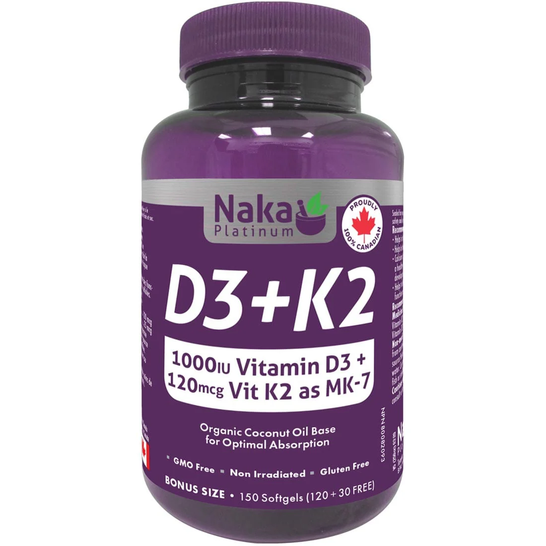 Naka Platinum D3+K2 Softgels, 1000IU D3 and 120mcg K2 - Image 2