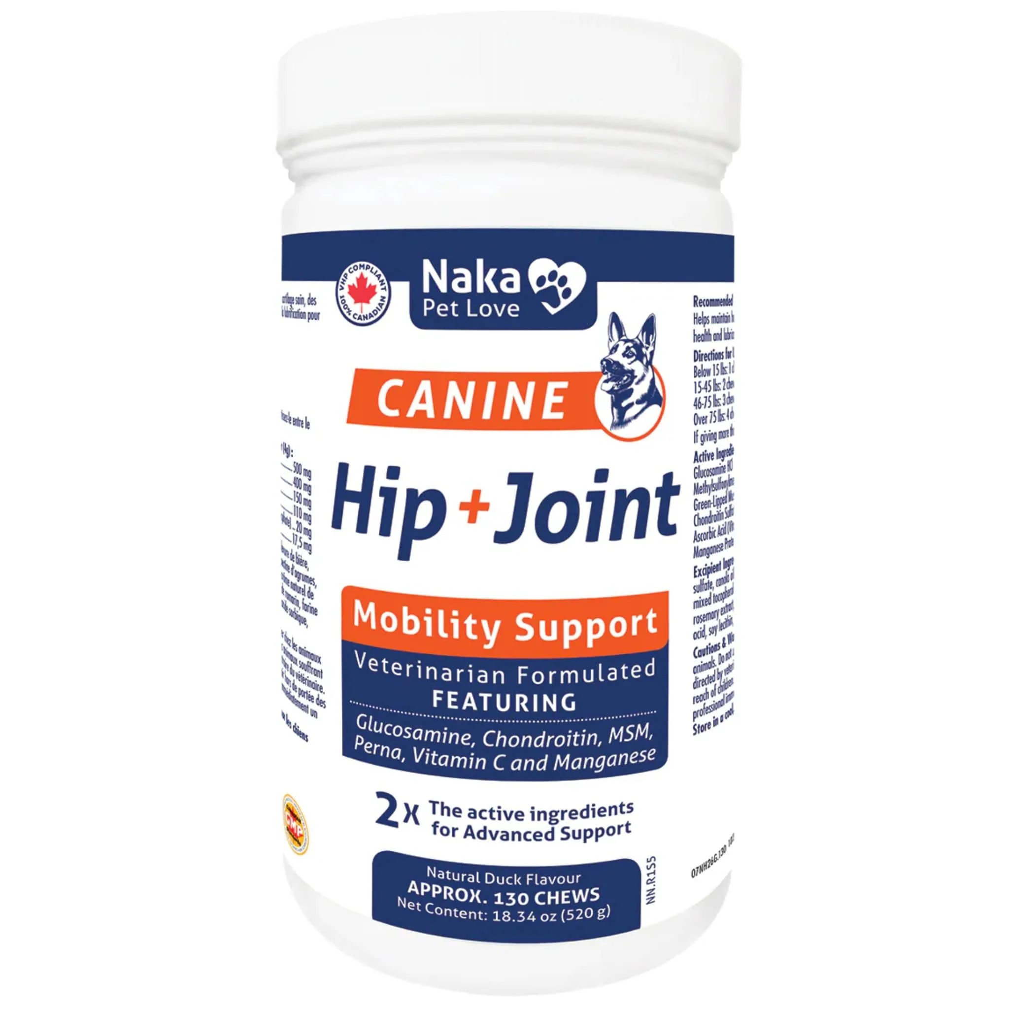 Naka Pet Love Canine Hip + Joint Powder, Veterinarian Formulated Advanced Mobility Support for Dogs with Glucosamine, Chondroitin & MSM, 130 Chews