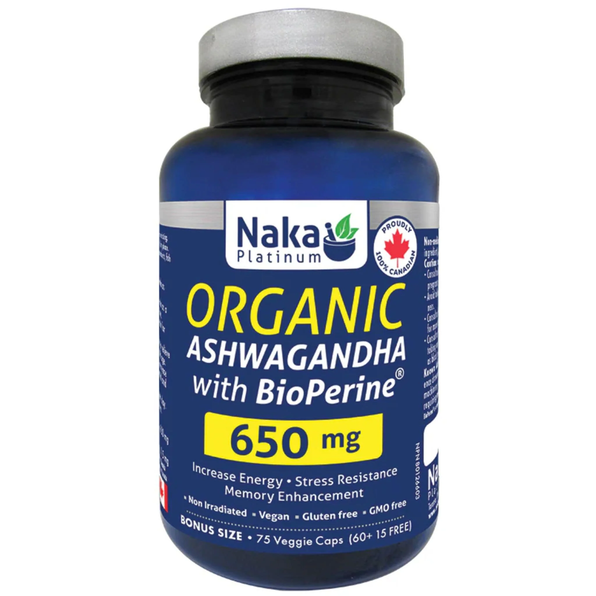 Naka Platinum Organic Ashwagandha 650mg with BioPerine, Supports Stress Relief, Increased Energy, Memory and Sleep, 75 Vegetable Capsules