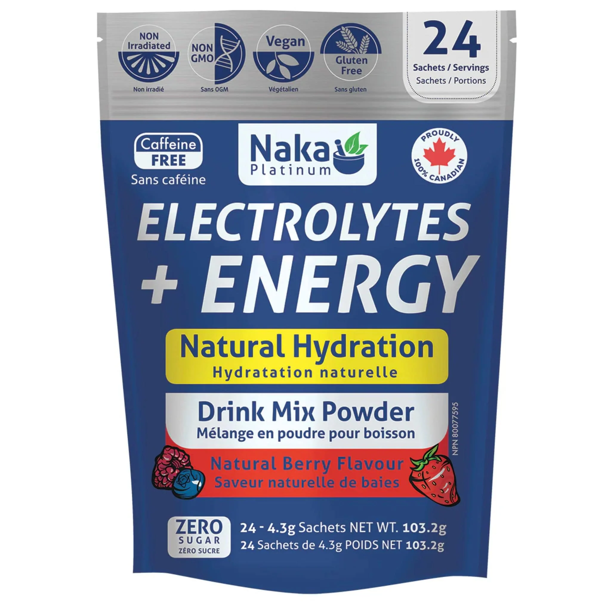 Naka Platinum Electrolytes + Energy Powder, Natural Hydration Drink Mix, 24 Sachets