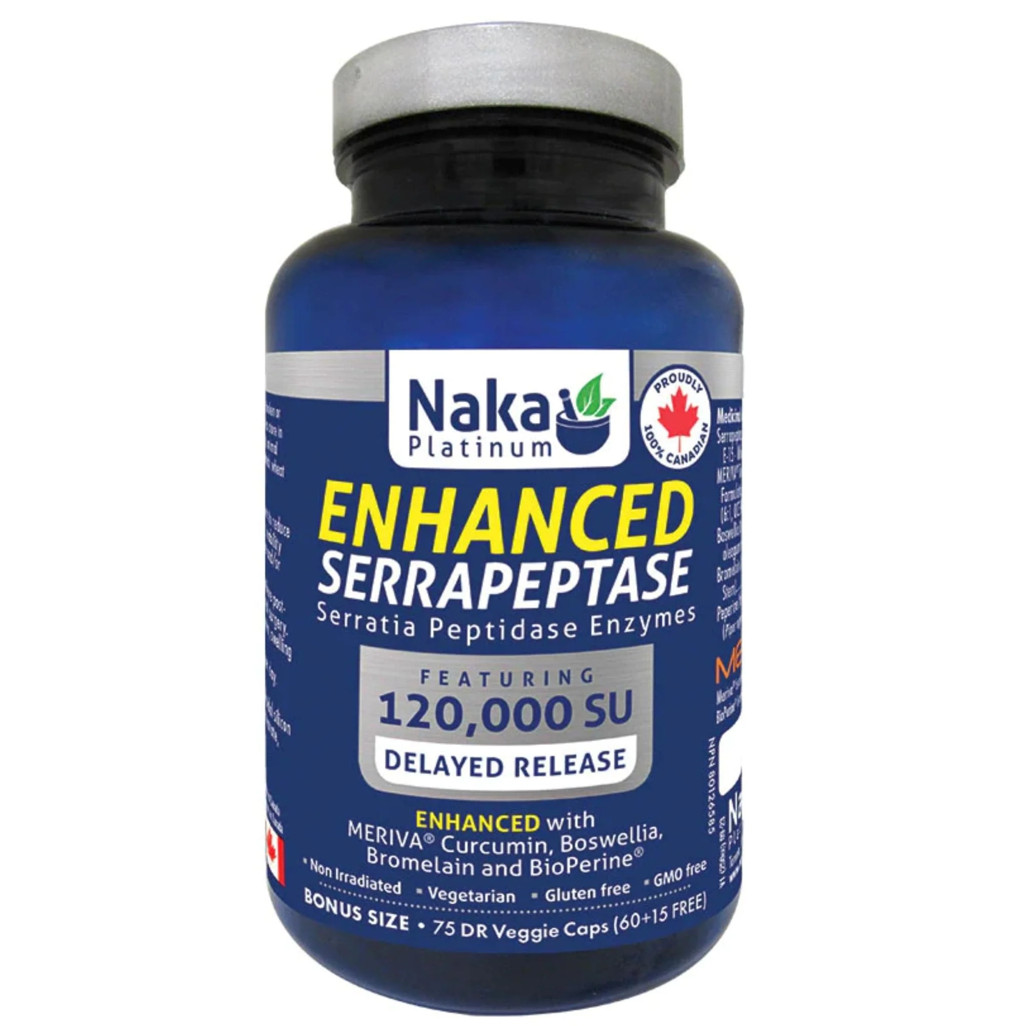 Naka Platinum Enhanced Serrapeptase 120,000 SU, 75 Delayed Release Vegetable Capsules