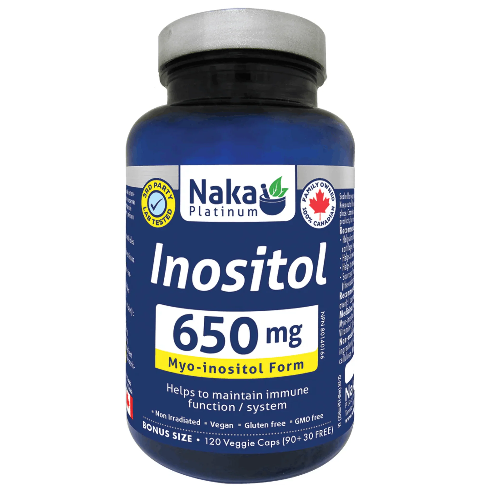 Naka Platinum Inositol 650mg, Myo-Inositol with Vitamin C, Supports Immune System Function, 120 Vegetable Capsules