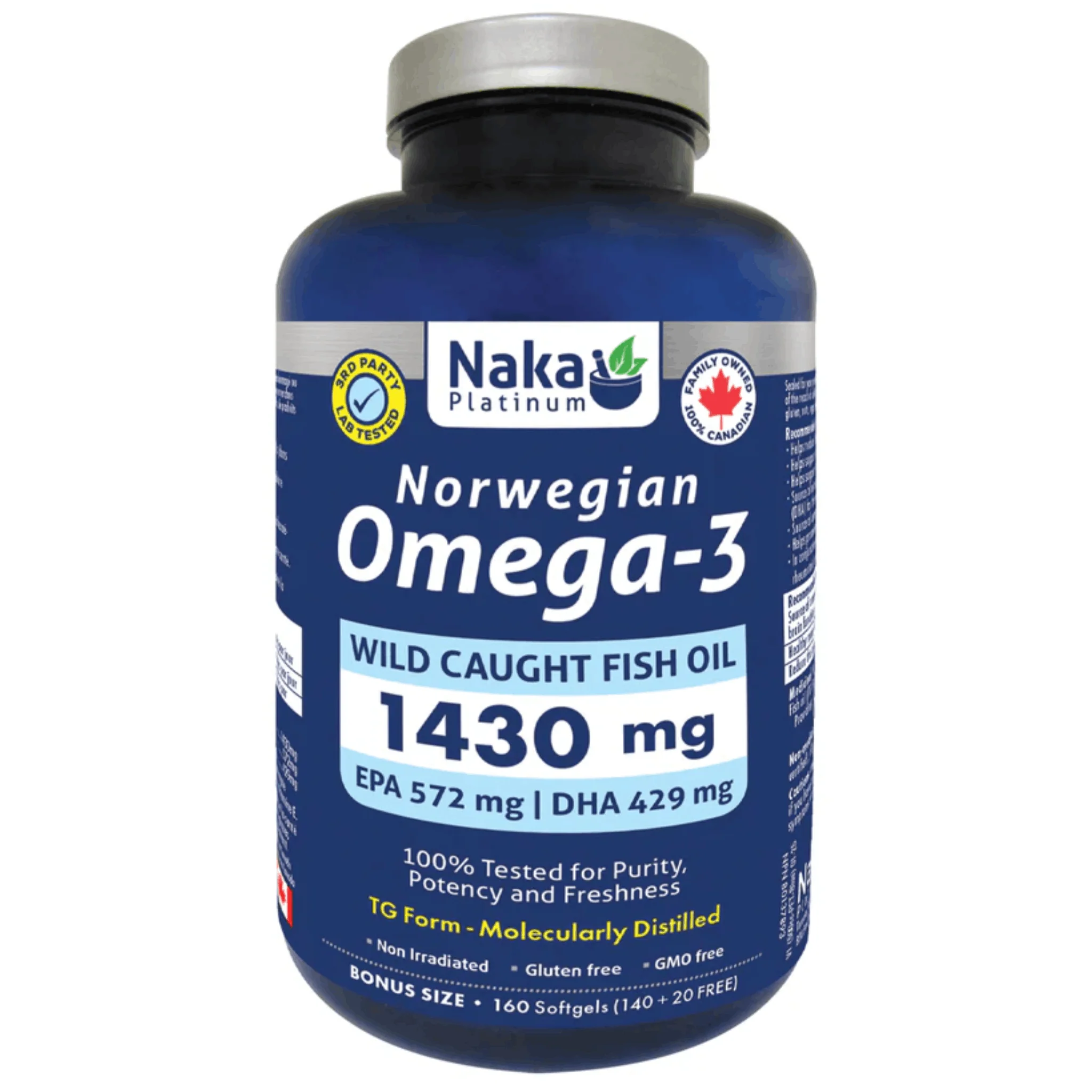 Naka Platinum Norwegian Omega-3 Wild Caught Fish Oil 1430mg , EPA 572mg, DHA 429mg, Molecularly Distilled, 160 Softgels
