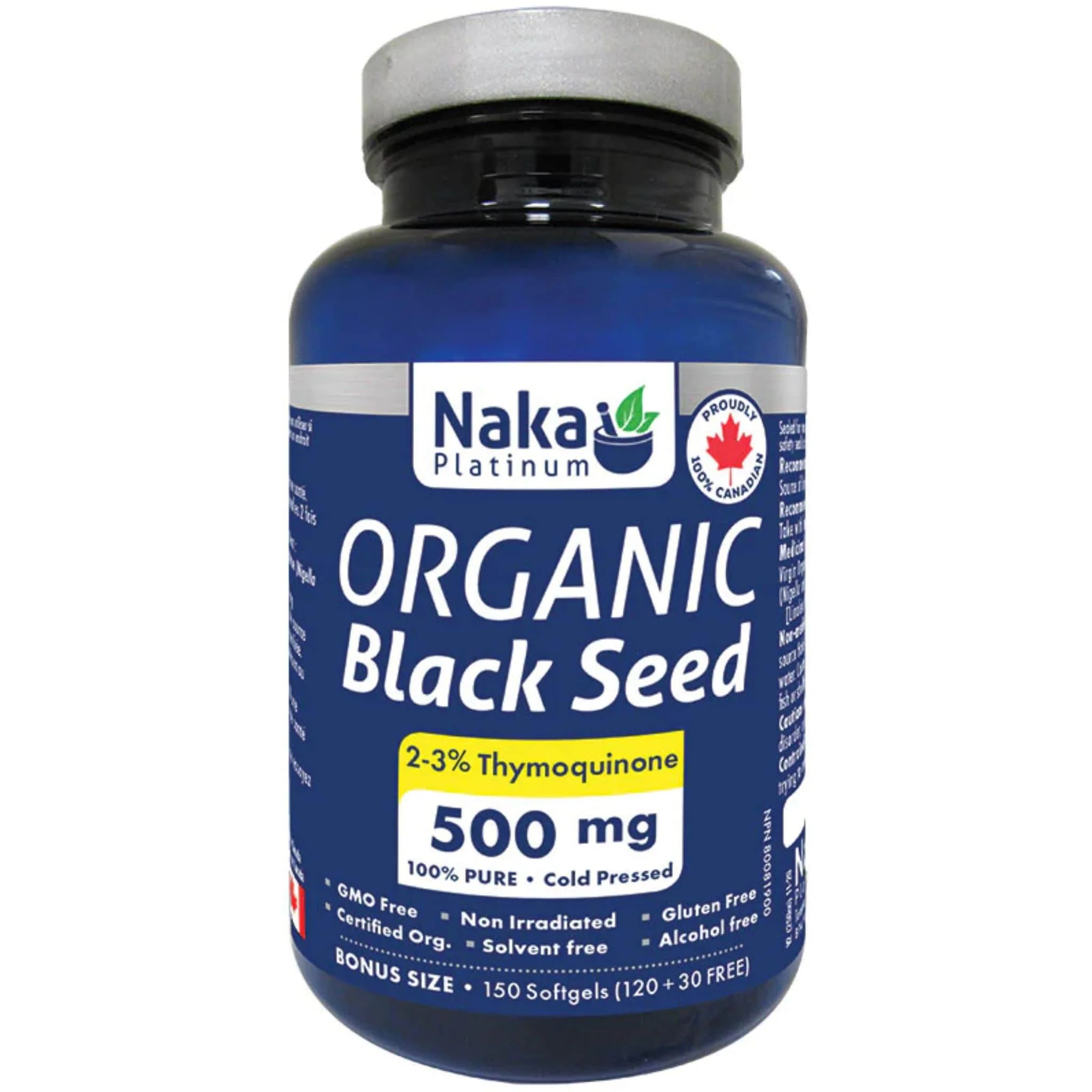 Naka Platinum Organic Black Seed Oil 500mg, Cold Pressed, 2-3% Thymoquinone, 150 Softgels