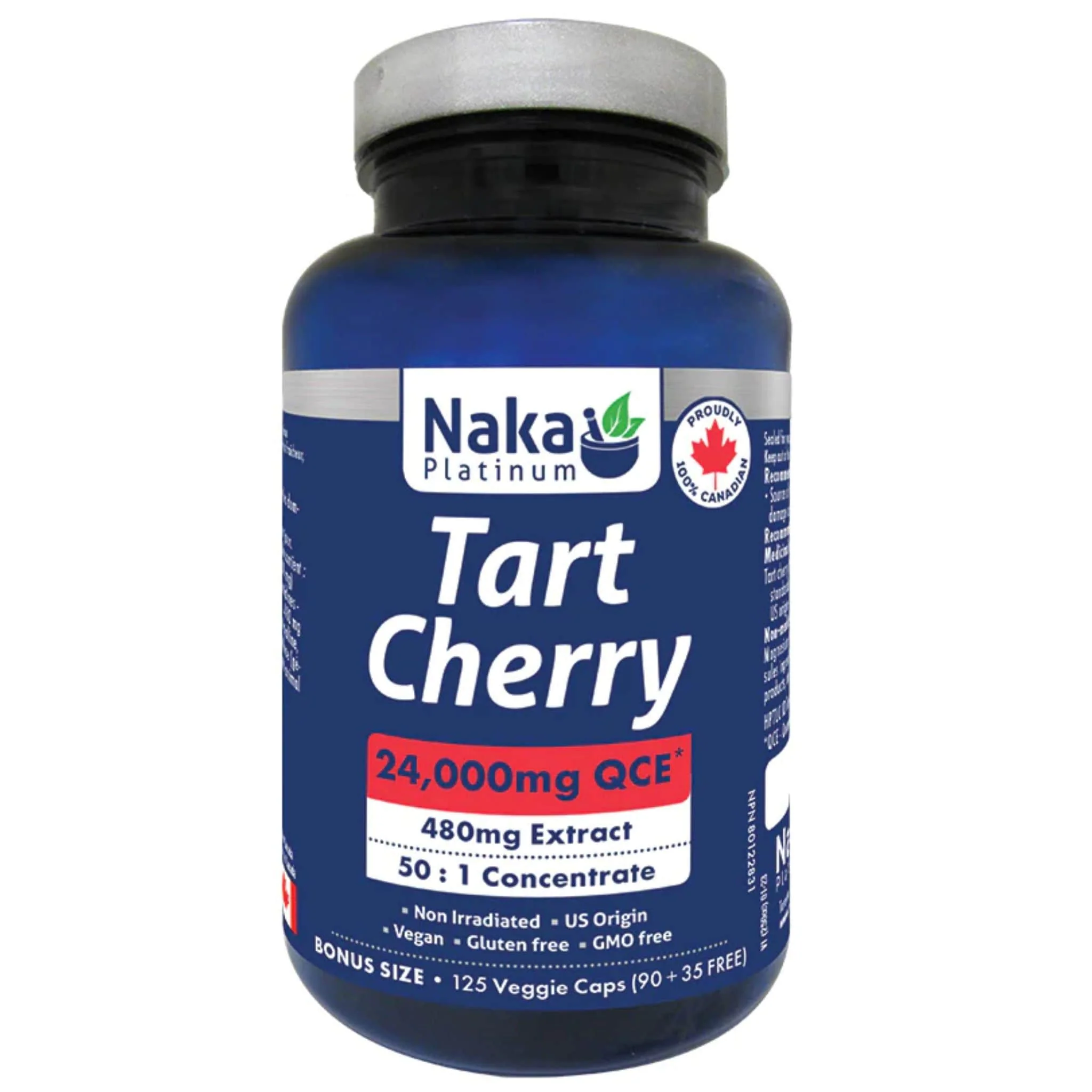 Naka Platinum Tart Cherry 480mg, 24,000 QCE, Concentrated 50:1 Extract, US-Origin Cherries, 125 Vegetable Capsules