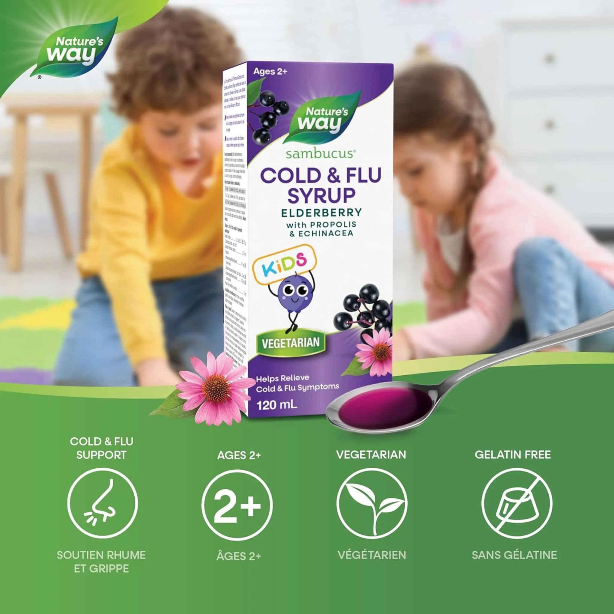 Nature's Way Kids Sambucus Elderberry Cold and Flu Care Syrup (with Echinacea & Propolis), 120ml - Image 3