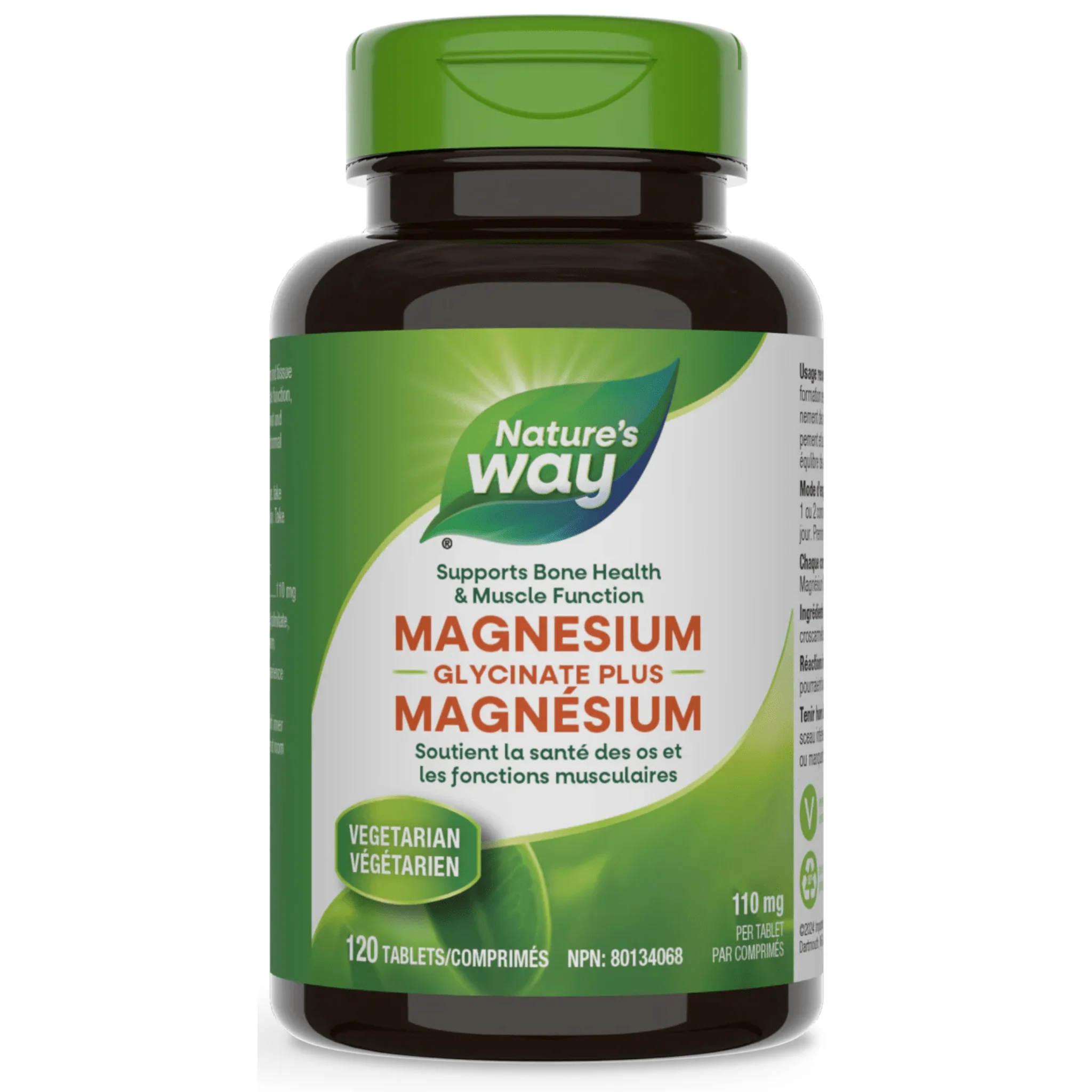Natures Way Magnesium Glycinate Plus 110mg, Highly Bioavailable Bioavailable for Muscle, Bone and Heart Support, 120 Tablets