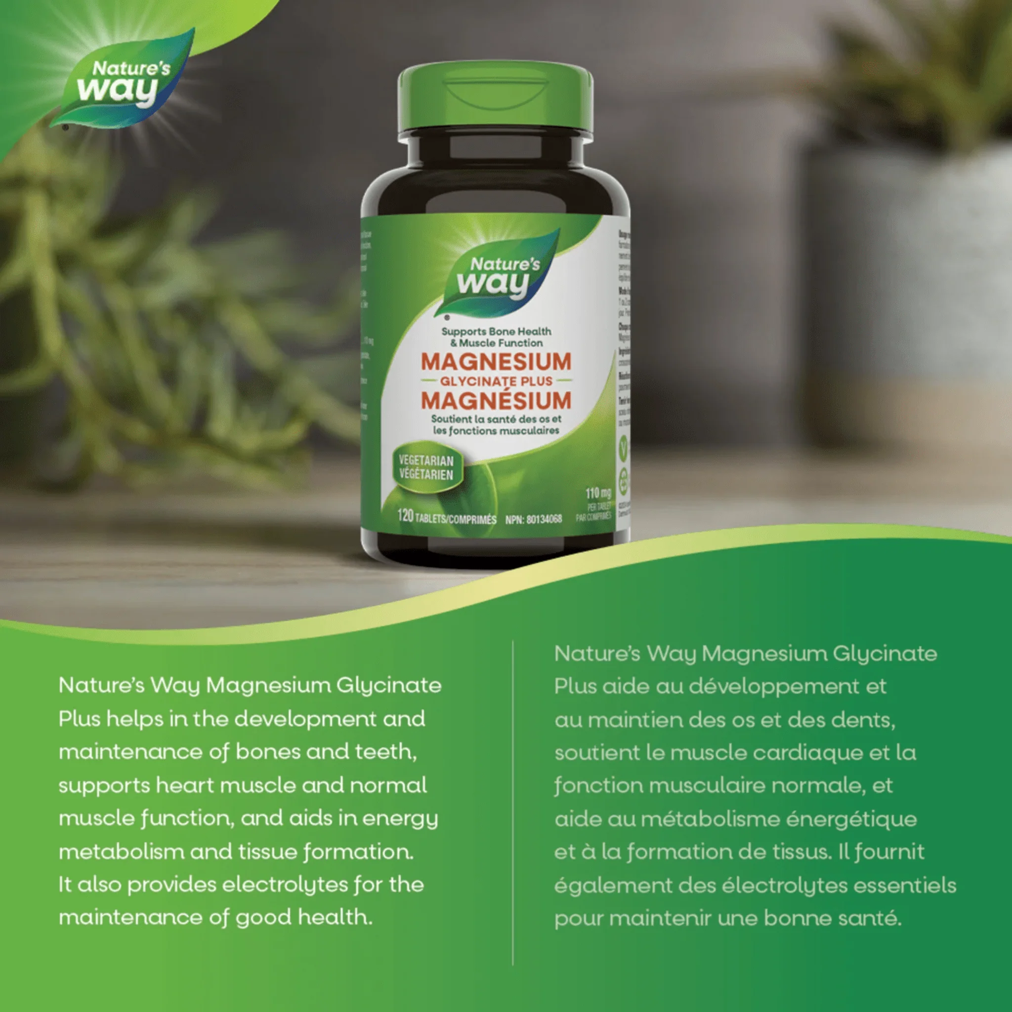 Natures Way Magnesium Glycinate Plus 110mg, Highly Bioavailable Bioavailable for Muscle, Bone and Heart Support, 120 Tablets - Image 2